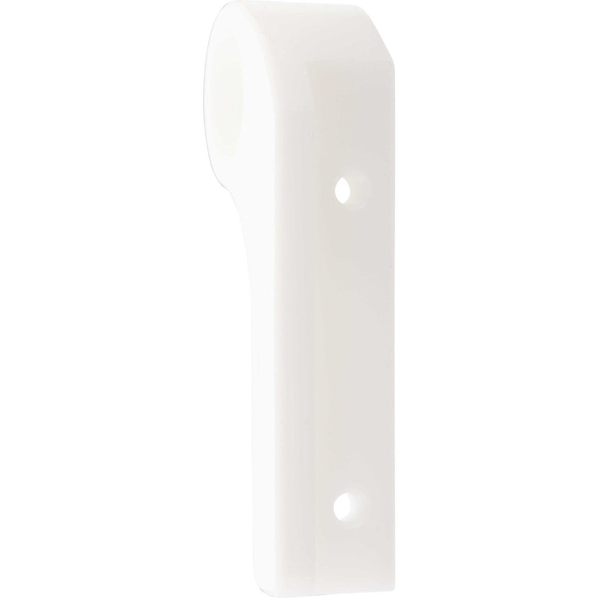 White plastic machined part with two threaded holes shown on white background. 