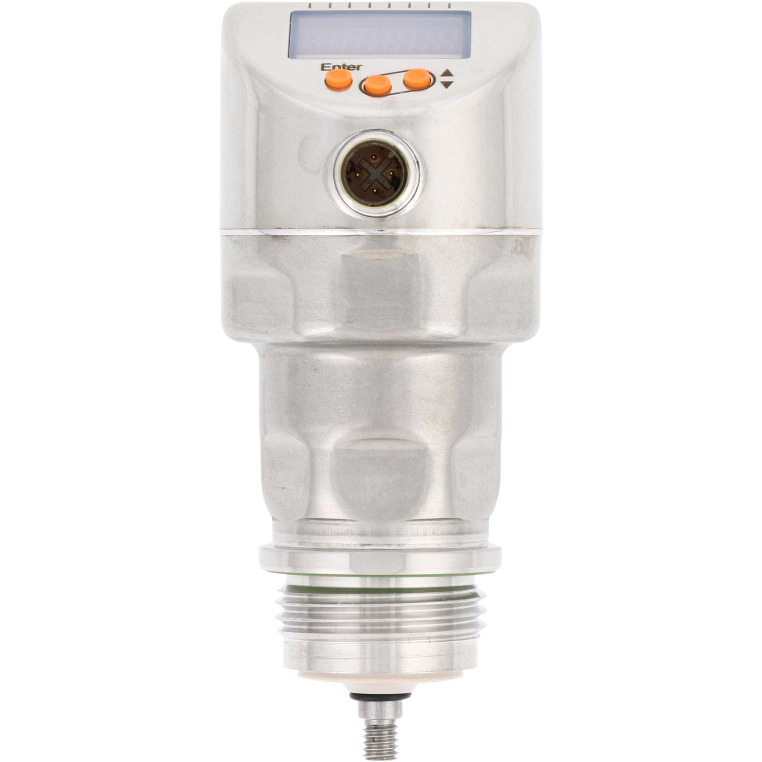 Continuous level sensor with three orange push buttons and a threaded end shown on white background. 