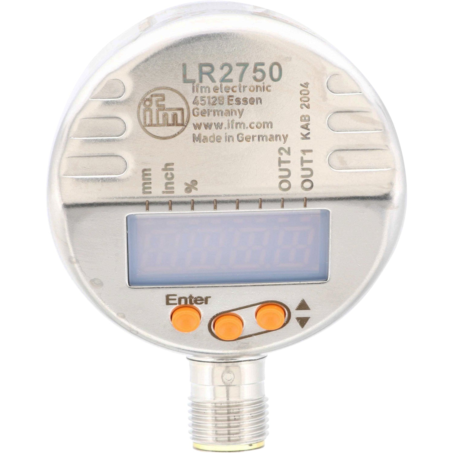 Circular metal housing with numerical display and three orange push buttons on white background. 