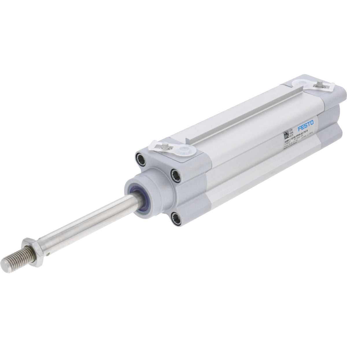 Pneumatic cylinder on white background. Cylinder&#39;s threaded rod and seal are shown. 570078 DSBF-C-32-85-PPVA-A3-75E-R