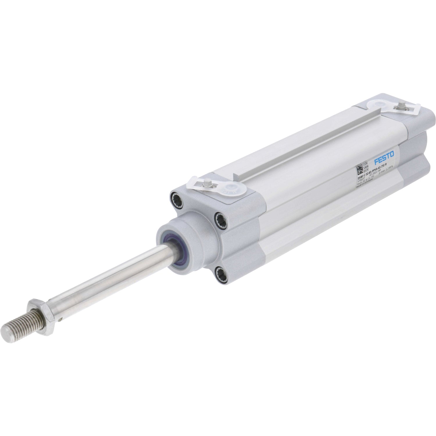 Pneumatic cylinder on white background. Cylinder's threaded rod and seal are shown. 570078 DSBF-C-32-85-PPVA-A3-75E-R