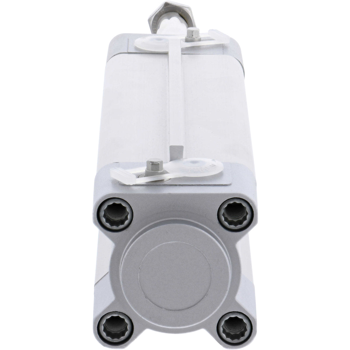 Pneumatic cylinder on white background. Cylinder's end cap is shown. 570078 DSBF-C-32-85-PPVA-A3-75E-R