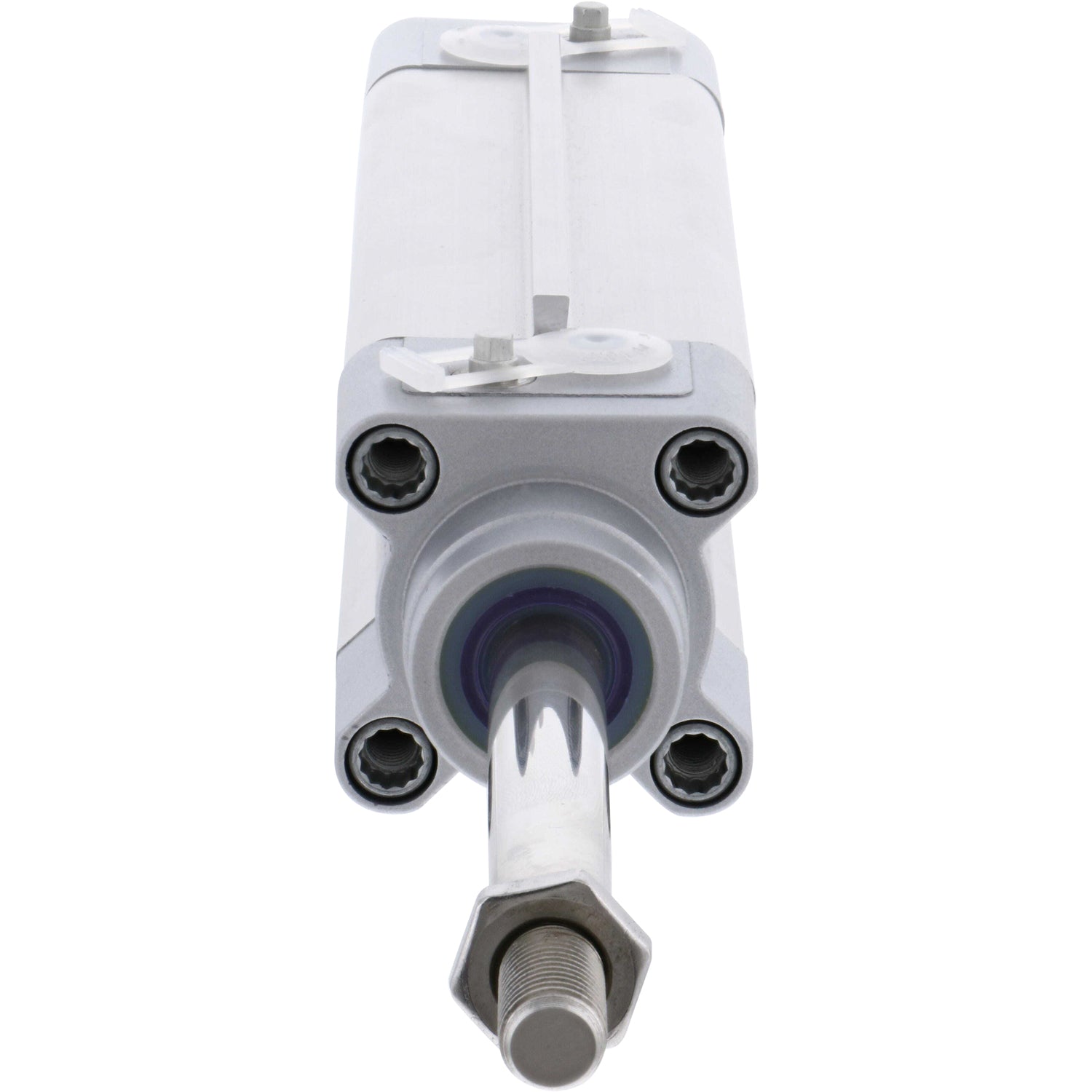 Pneumatic cylinder on white background. Cylinder's threaded rod and seal are shown. 570078 DSBF-C-32-85-PPVA-A3-75E-R