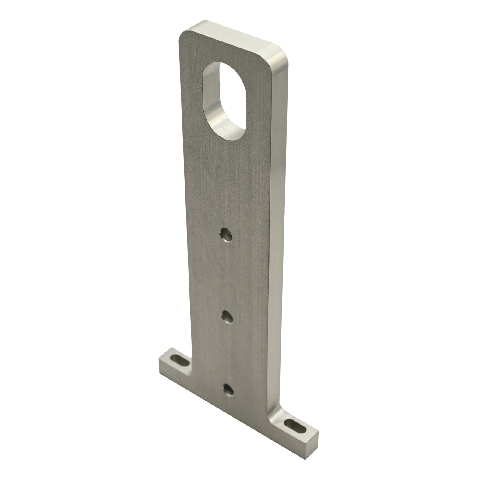 Machined aluminum sensor mounting bracket on white background.  Bracket has two "feet" with slotted mounting holes for mounting purposes and one large slotted hold for the sensor.