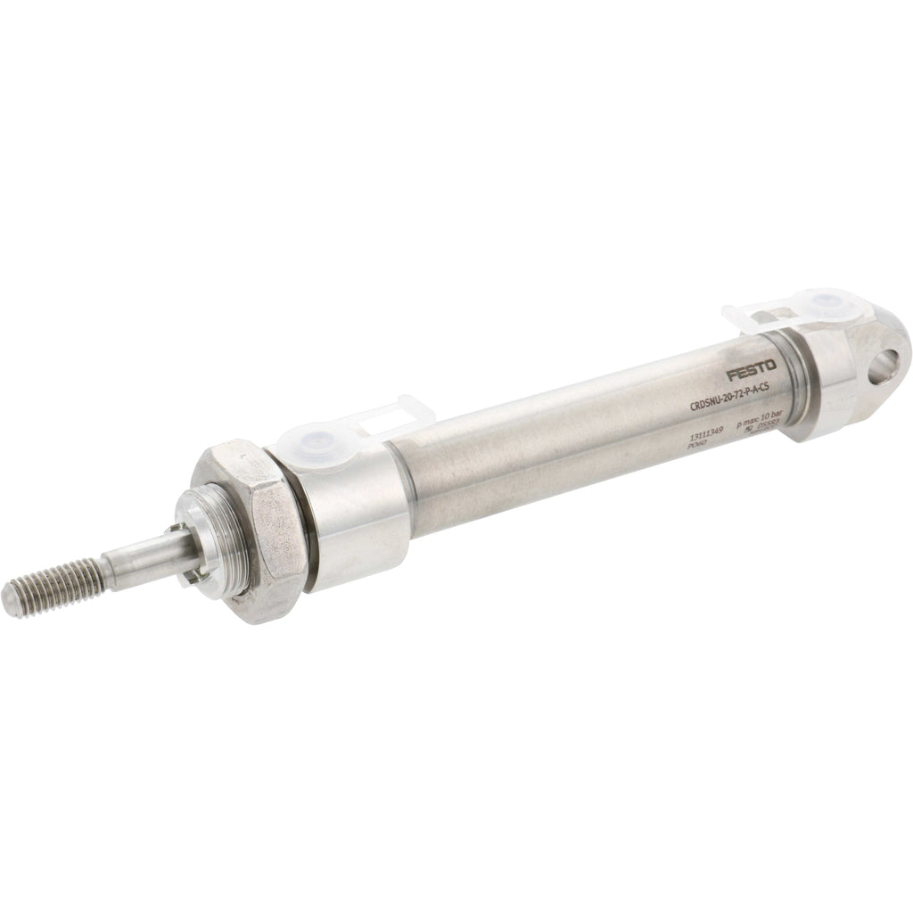 Stainless-steel , cylindrical pneumatic cylinder with white plastic plugs pressed into threaded holes. Cylinder is shown on a white background. 13111349