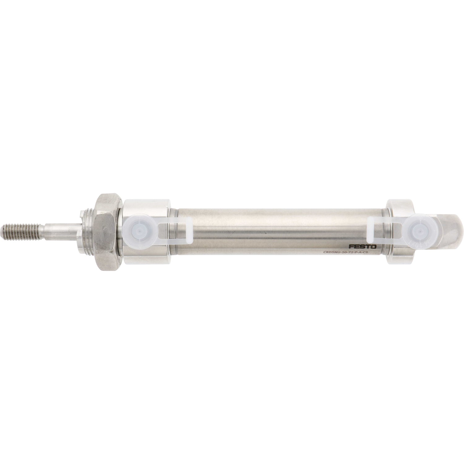 Stainless-steel , cylindrical pneumatic cylinder with white plastic plugs pressed into threaded holes. Cylinder is shown on a white background. 13111349