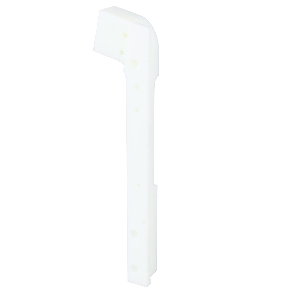 Machined, white HDPE lid chute part with multiple holes on white background.