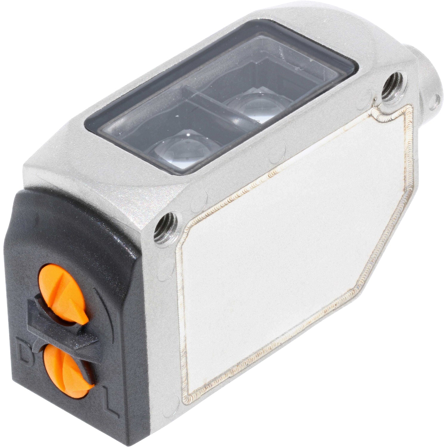 Grey, rectangular, reflection sensor with black cap and orange adjustment dials on white background. O6H302