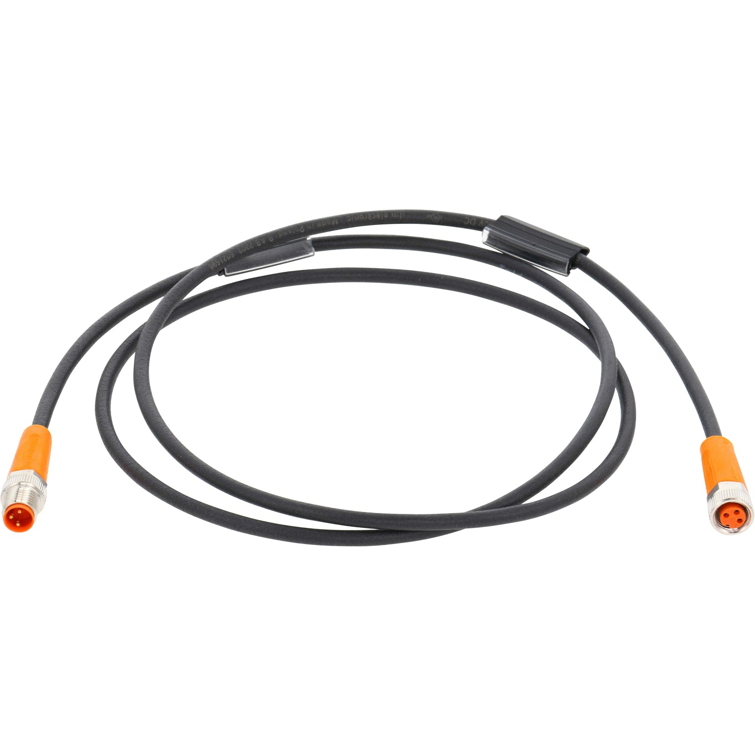 Black, coiled connecting cable with orange molded connections on each end. Sensor cable is shown on a white back ground. EVC267