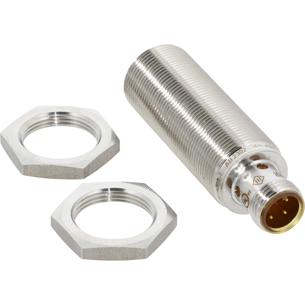 Threaded inductive sensor with white tipped cap and two stainless steel hex nuts on white background. IFS290