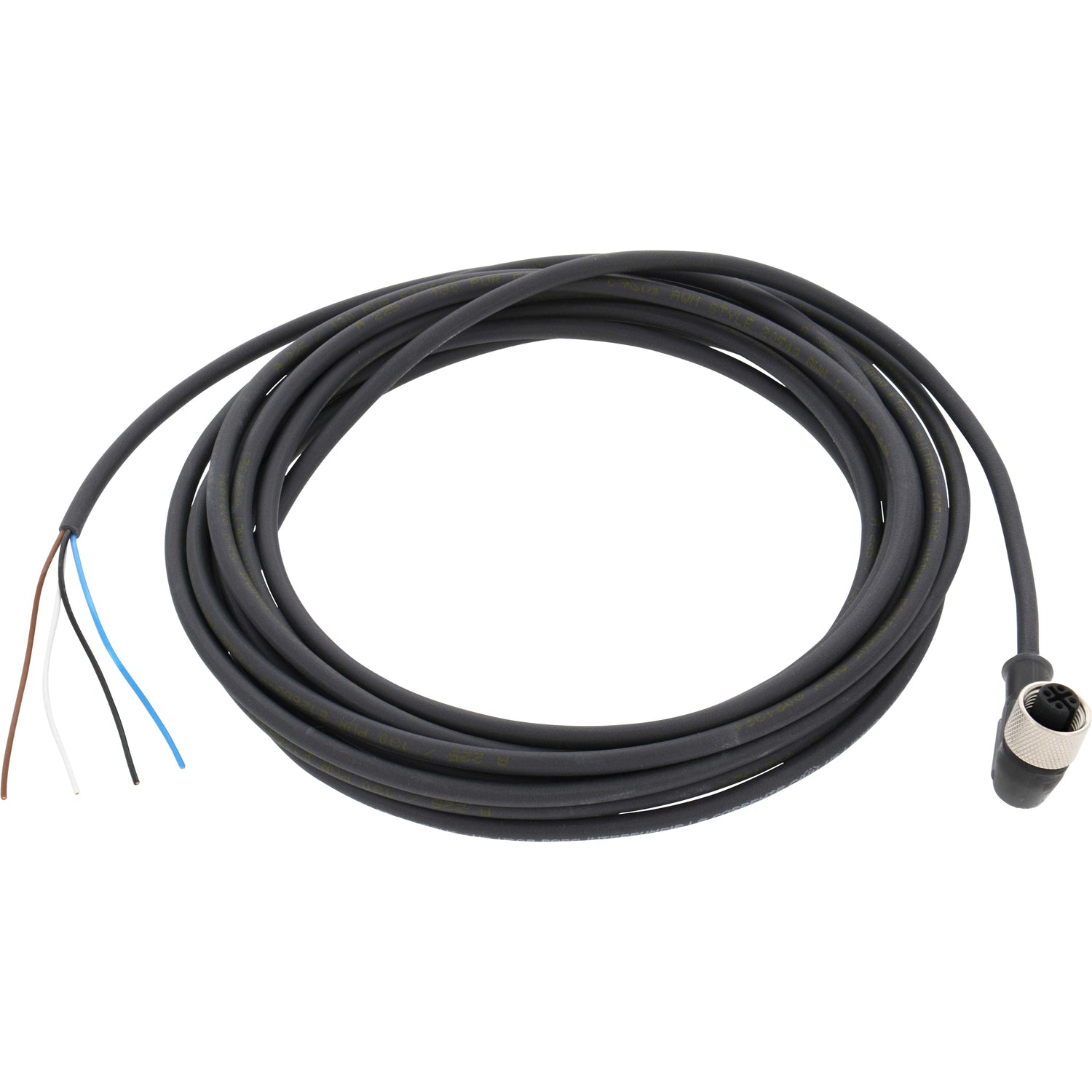 Black, coiled connecting cable with black 90 degree plug on one end and exposed blue, brown, white, and black wires on other end. Sensor cable is shown on a white back ground. XZCP1241L5