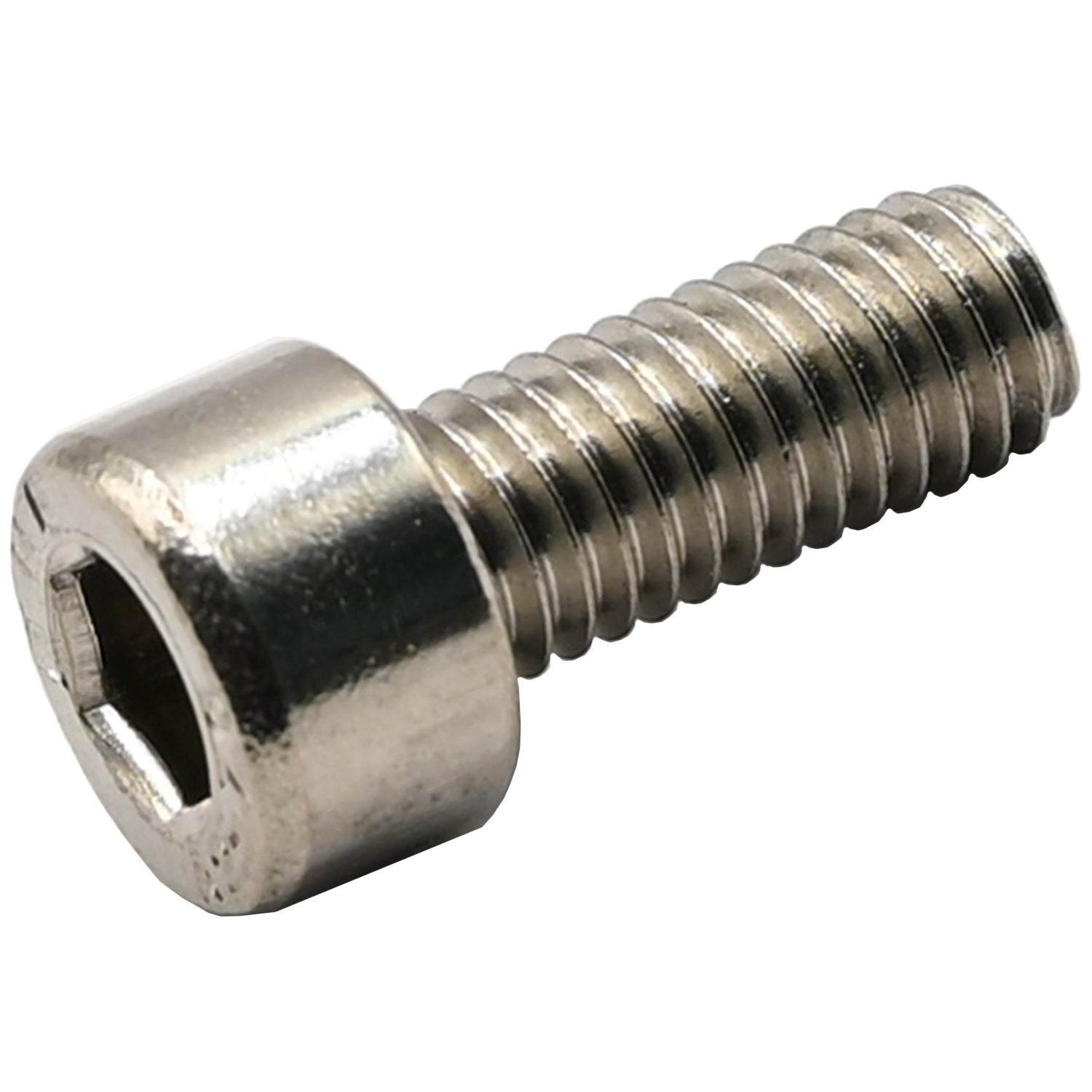 Stainless steel M5 by 12mm socket head cap screw on white background. 