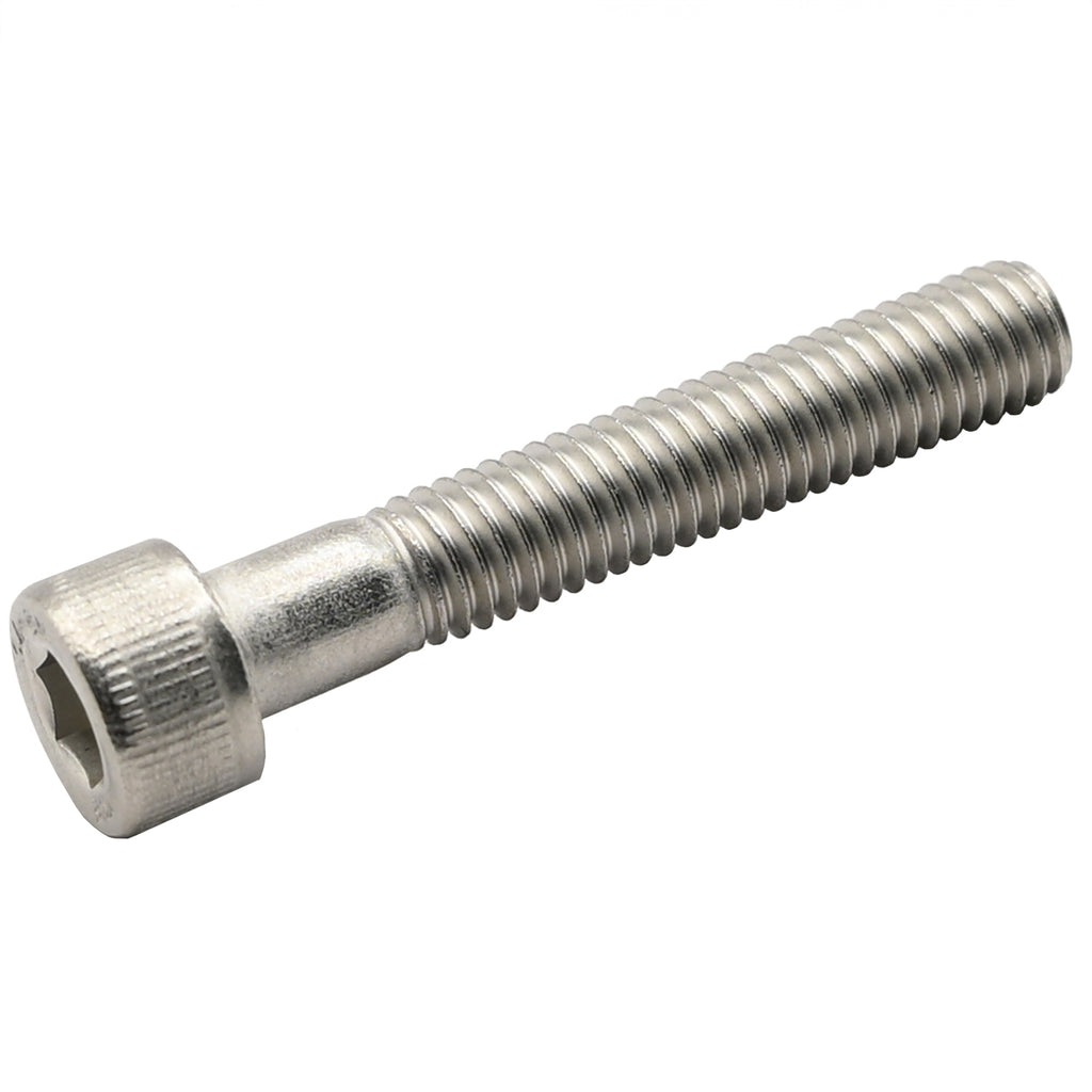 Stainless steel M5 by 30mm socket head cap screw on white background