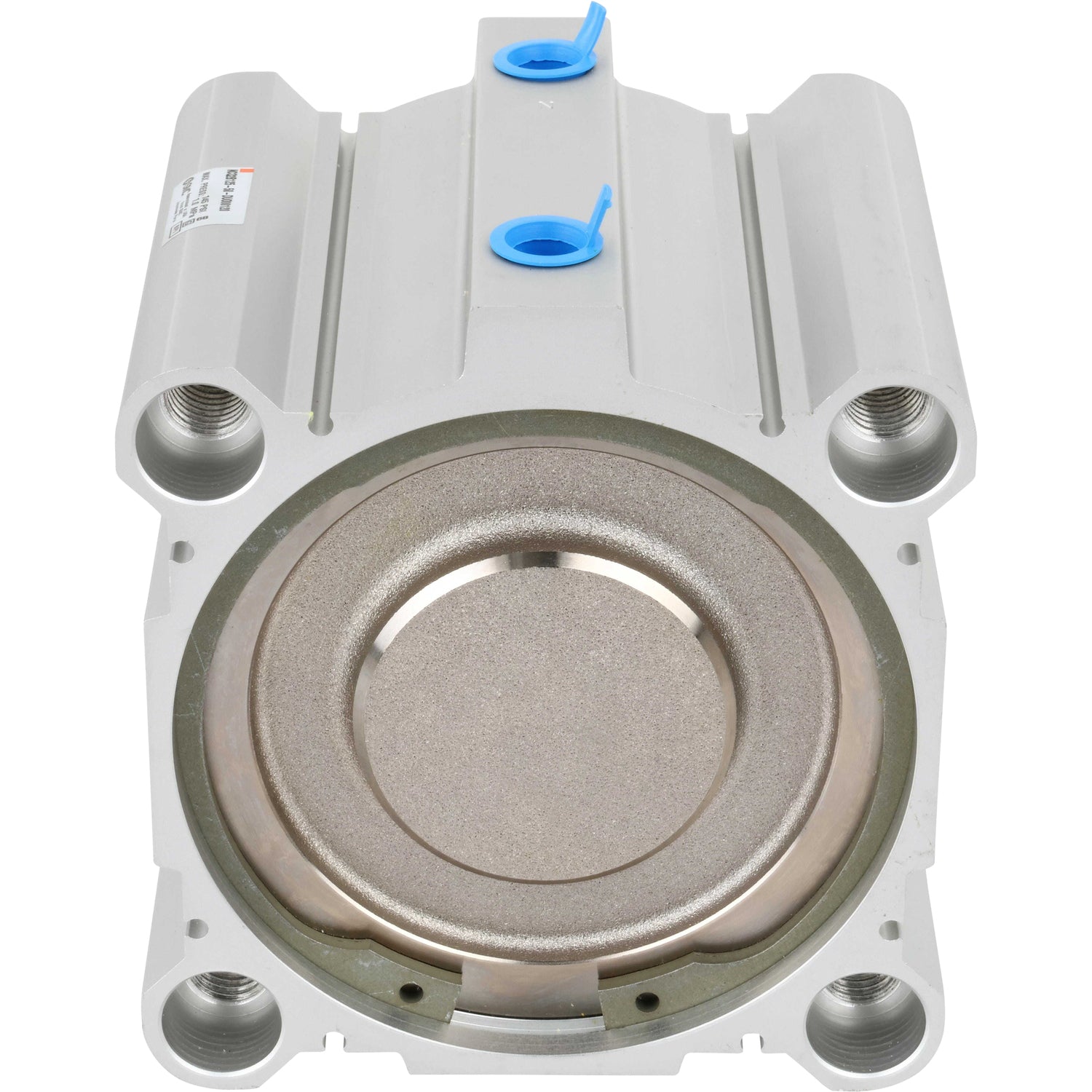 Square air cylinder with threaded holes on each corner and blue push caps on white background.