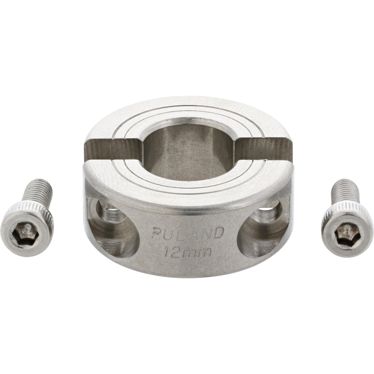 Two halves of a circular stainless steel clamp with two socket head cap screws placed at its side shown on a white background. 