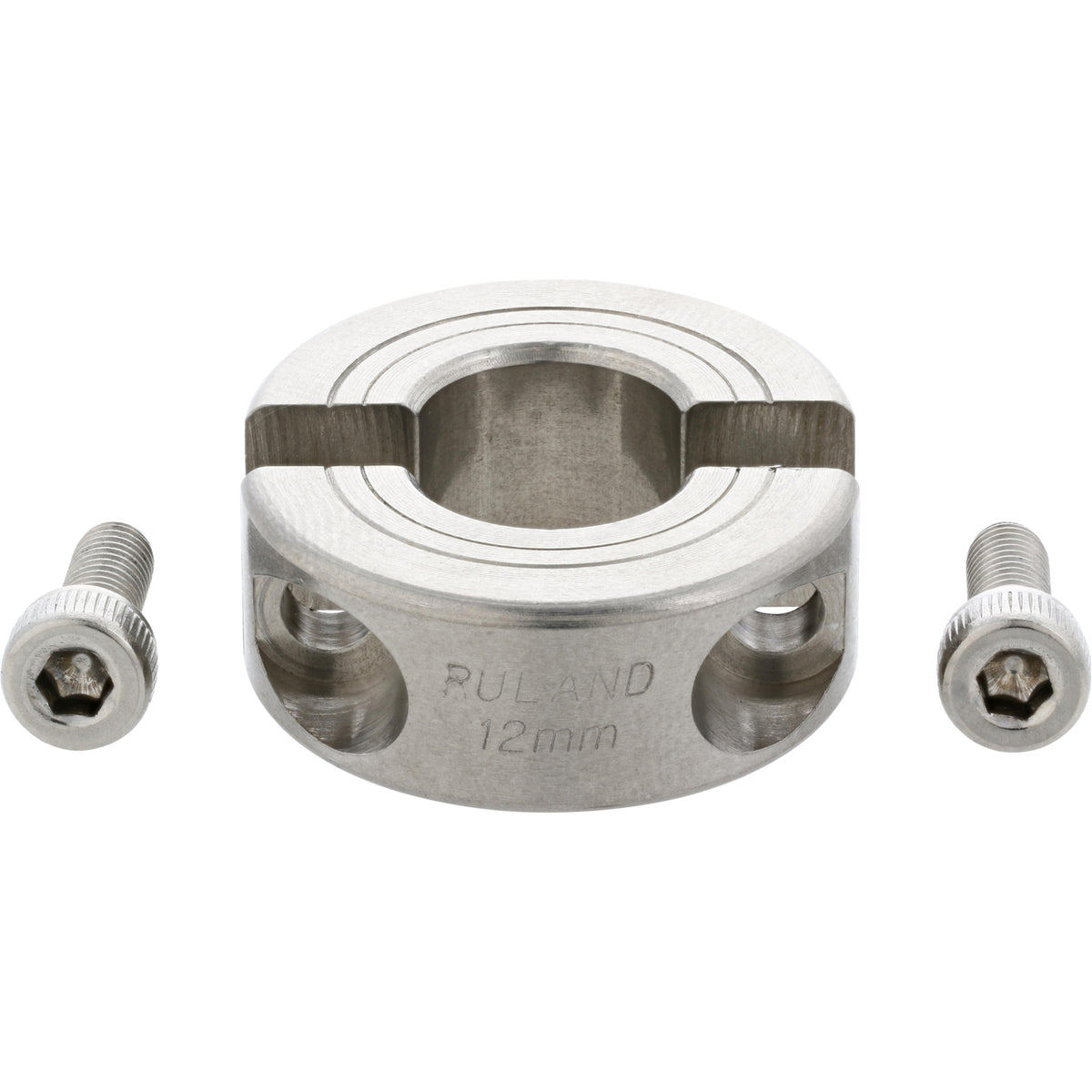 Two halves of a circular stainless steel clamp with two socket head cap screws placed at its side shown on a white background. 