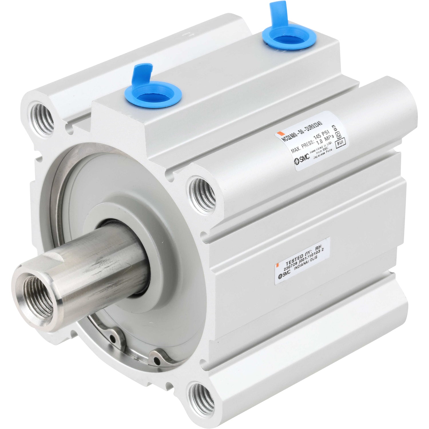 Square air cylinder with threaded holes on each corner and blue push caps on white background. 
