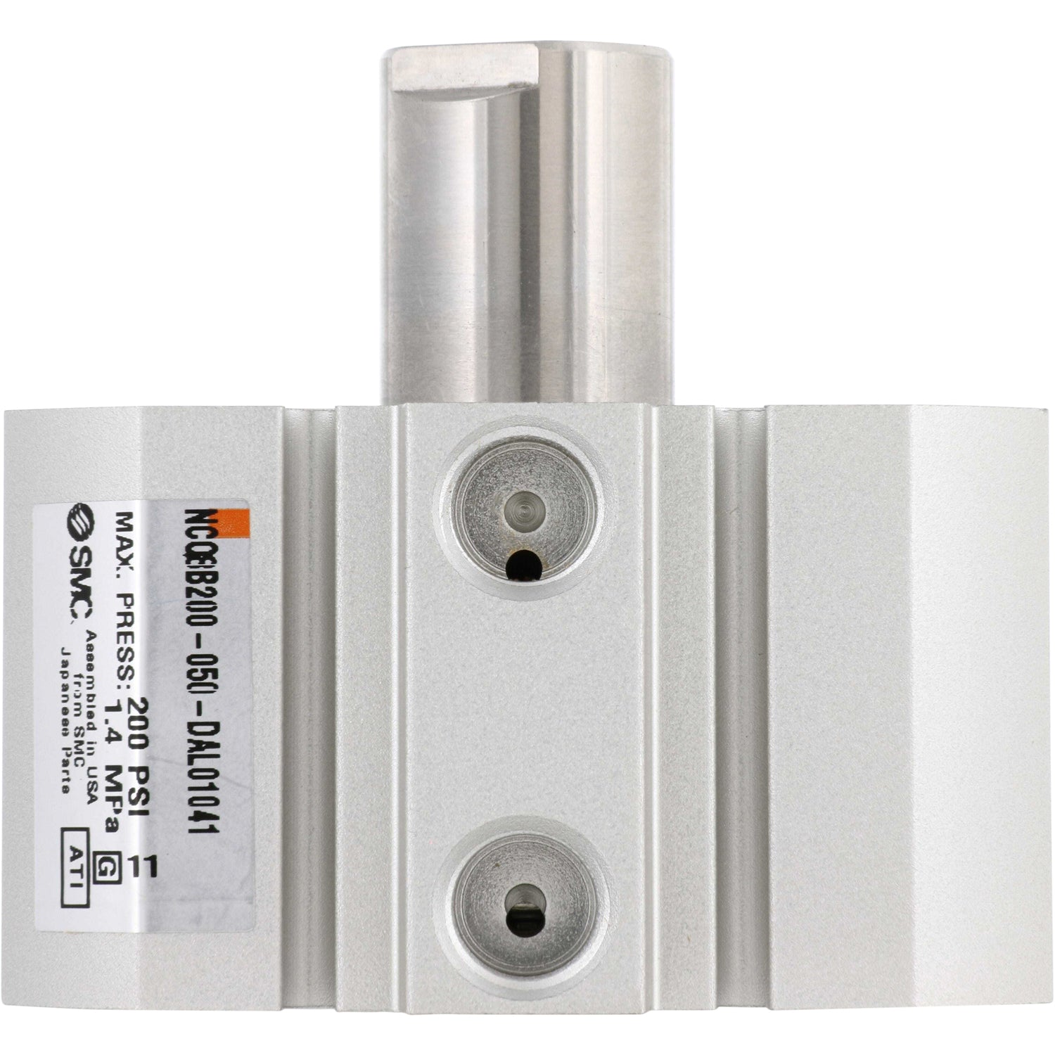 Grey rectangular pneumatic cylinder with two threaded holes on one of the sides. Part shown on white background.