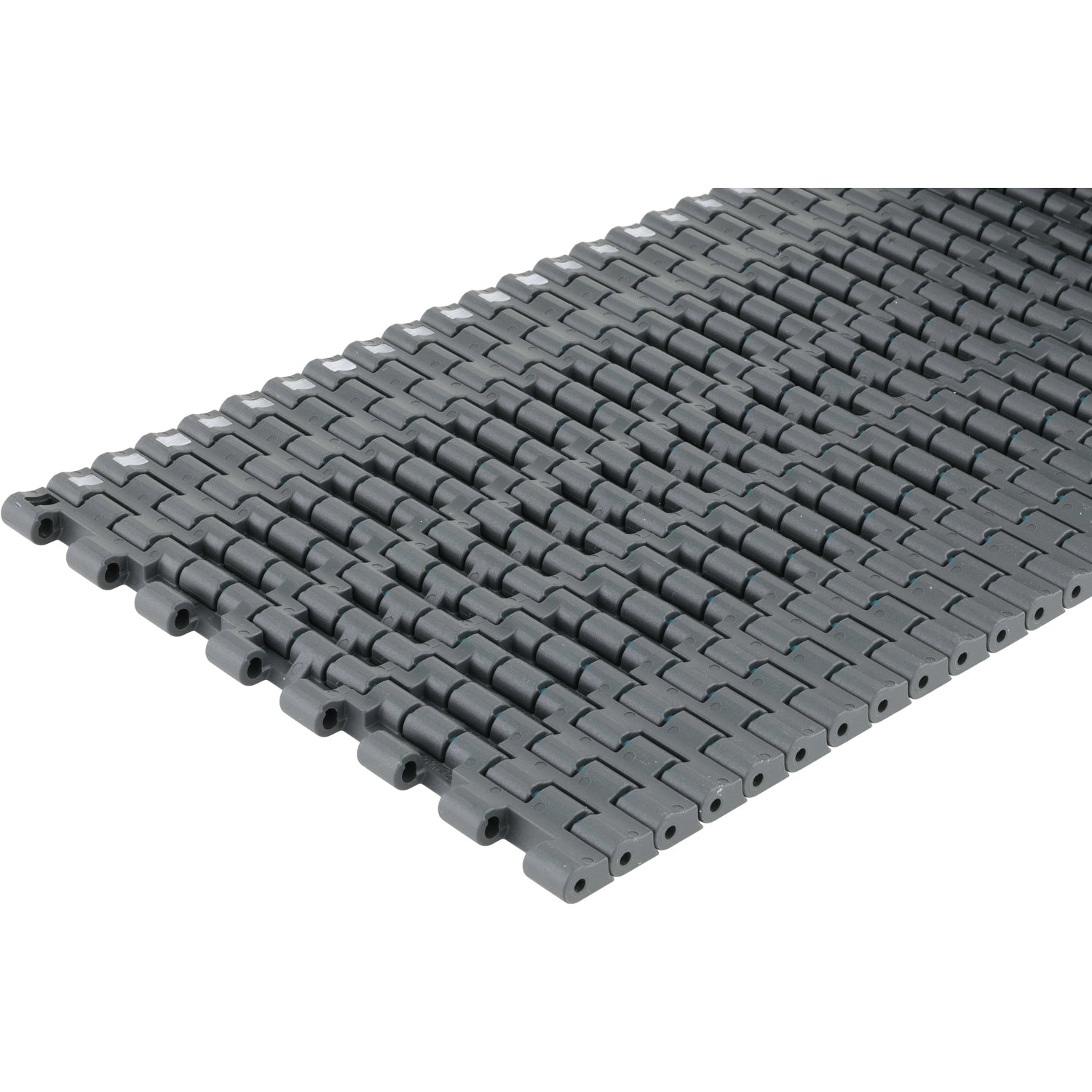 Grey conveyor chain shown on white background.