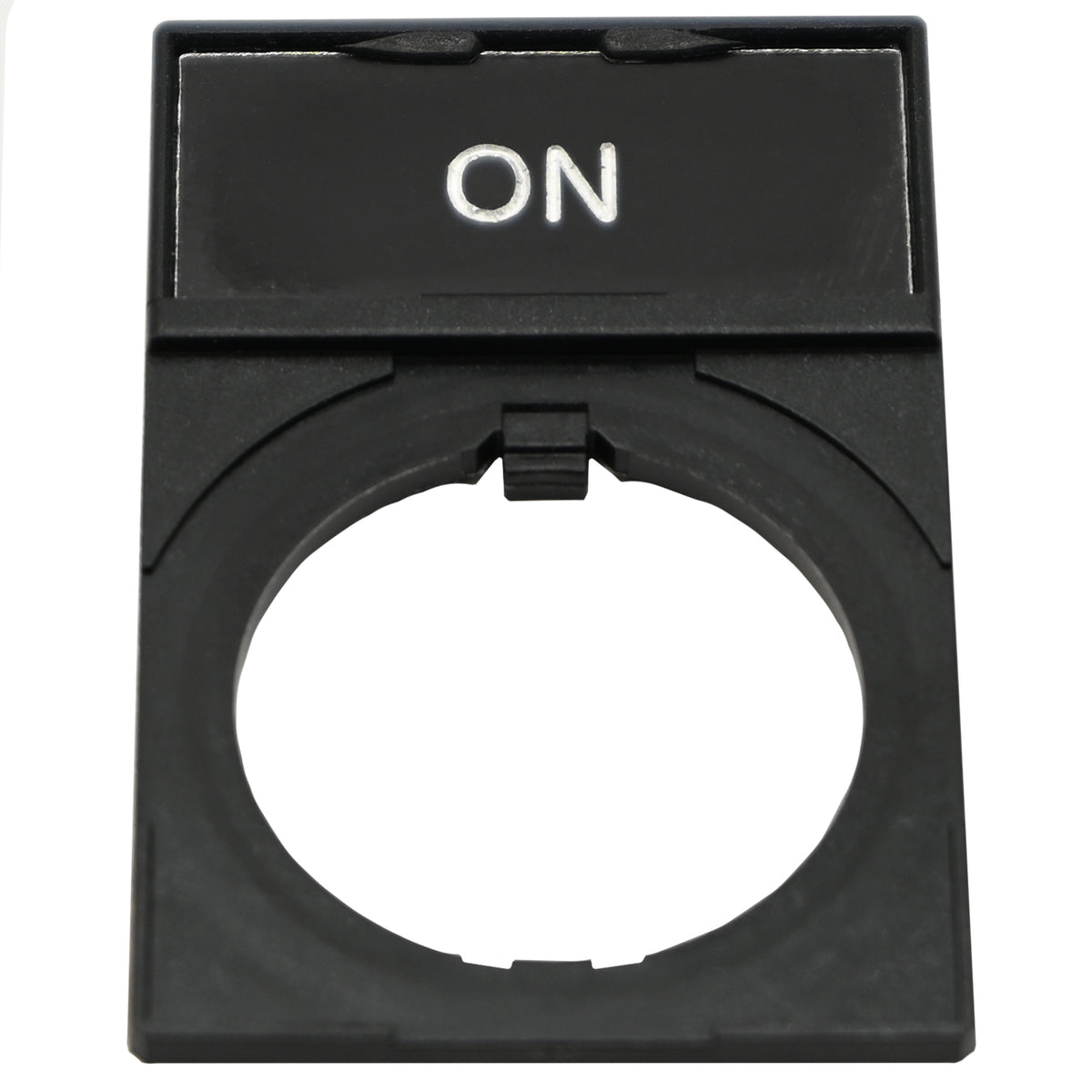 Black rectangular plastic nameplate with white text that reads &quot;ON&quot;. The part has a hole cut into it and is shown on a white background.