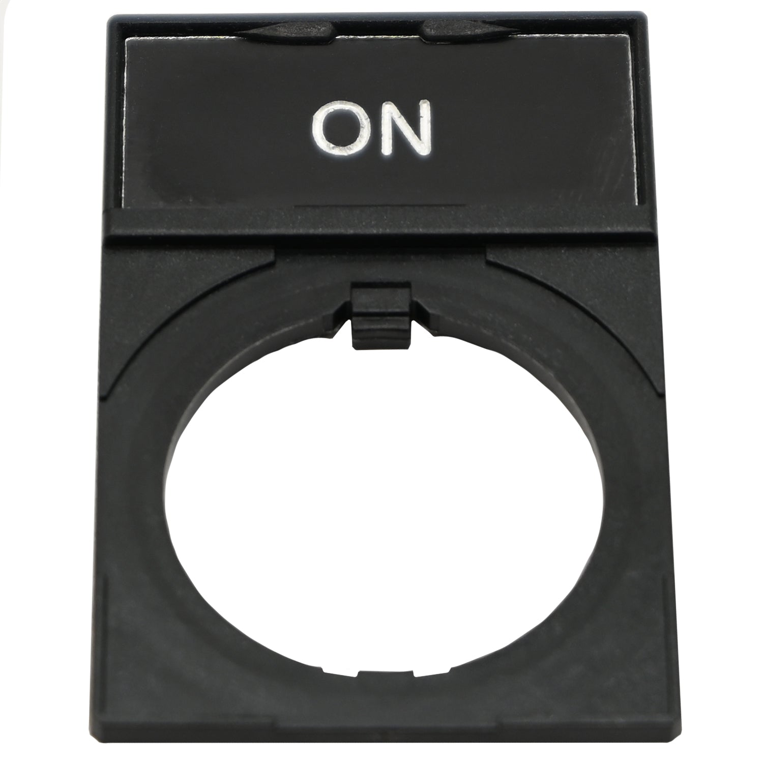 Black rectangular plastic nameplate with white text that reads "ON". The part has a hole cut into it and is shown on a white background.