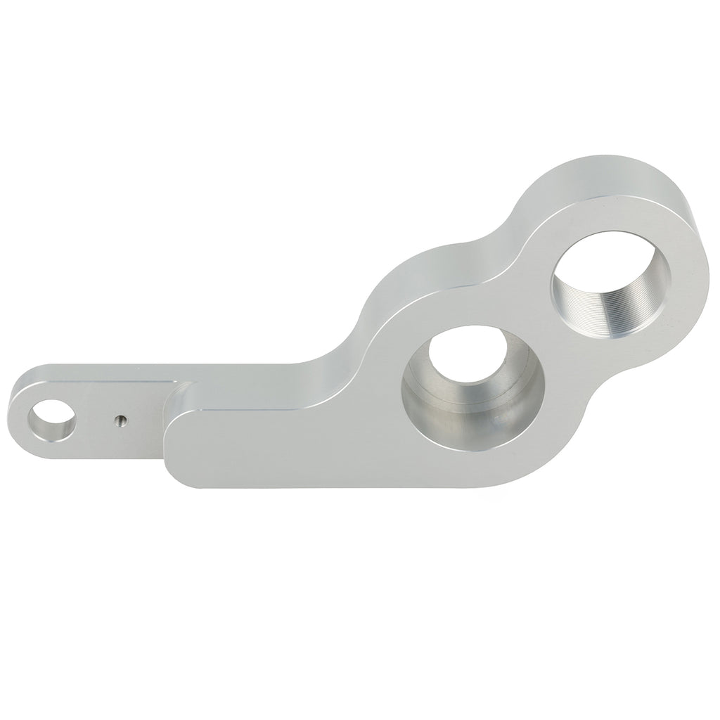 Grey machined 1st op swing arm part made of anodized aluminum on white background. 