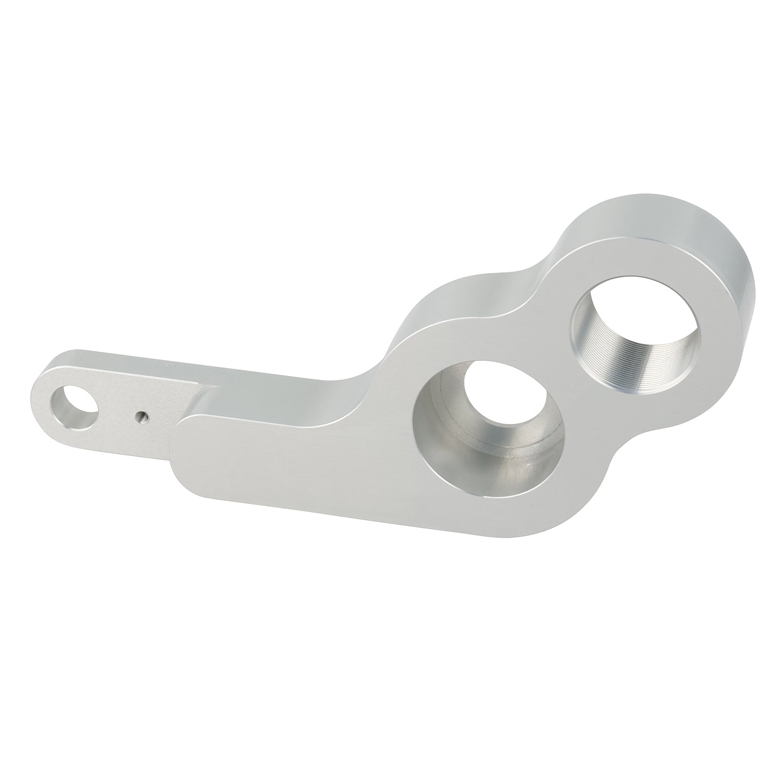 Grey machined 1st op swing arm part made of anodized aluminum on white background.