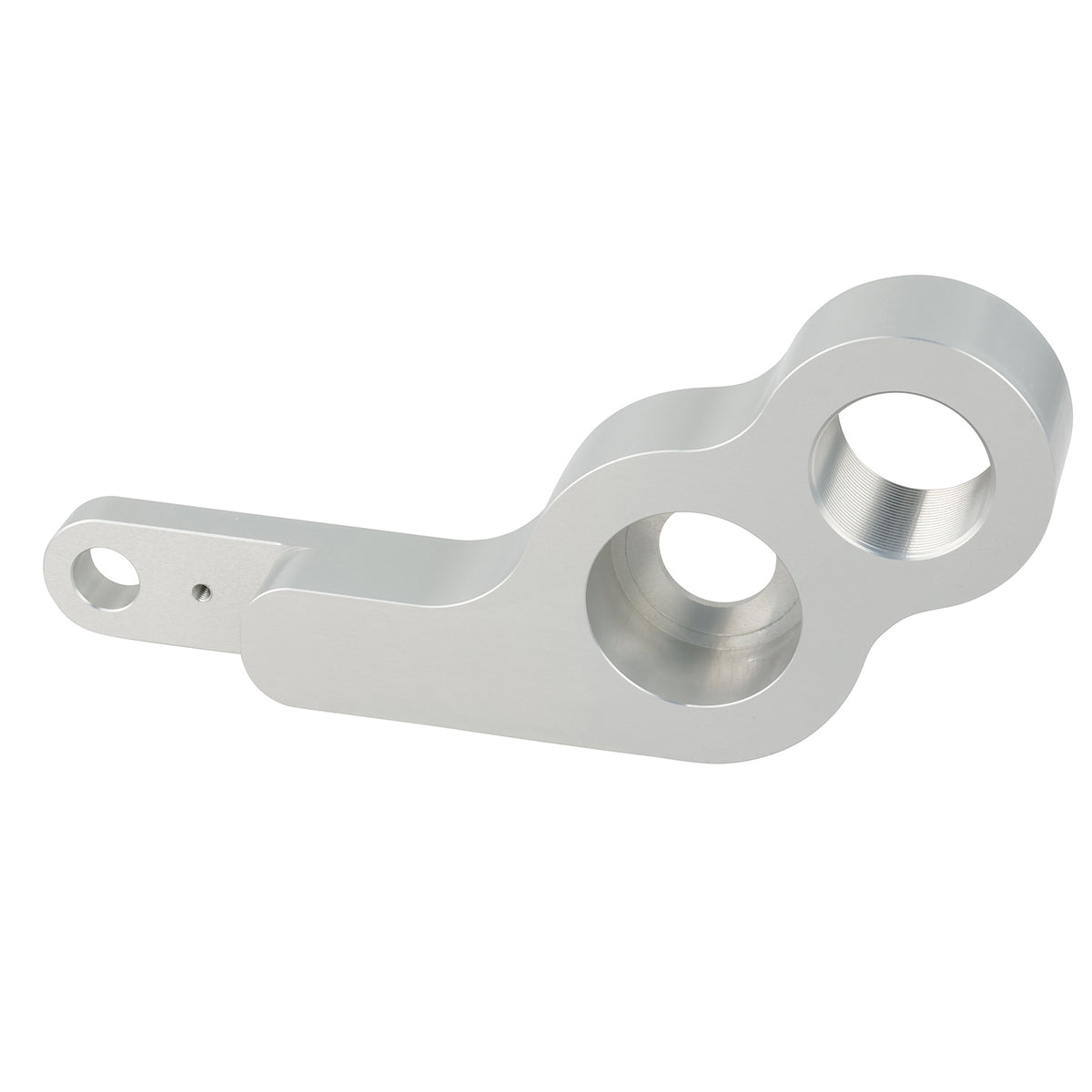 Grey machined 1st op swing arm part made of anodized aluminum on white background.