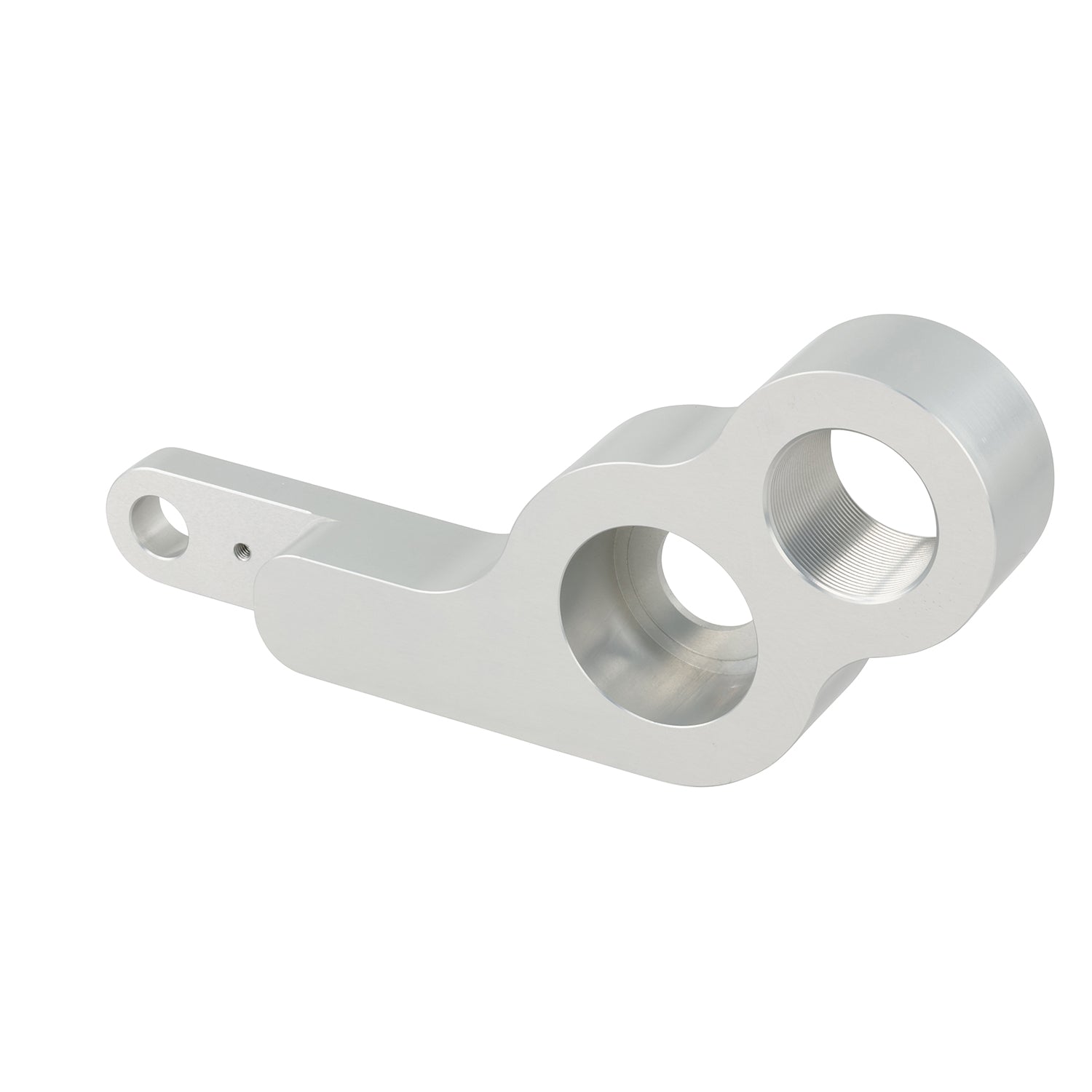 Grey machined 1st op swing arm part made of anodized aluminum on white background.