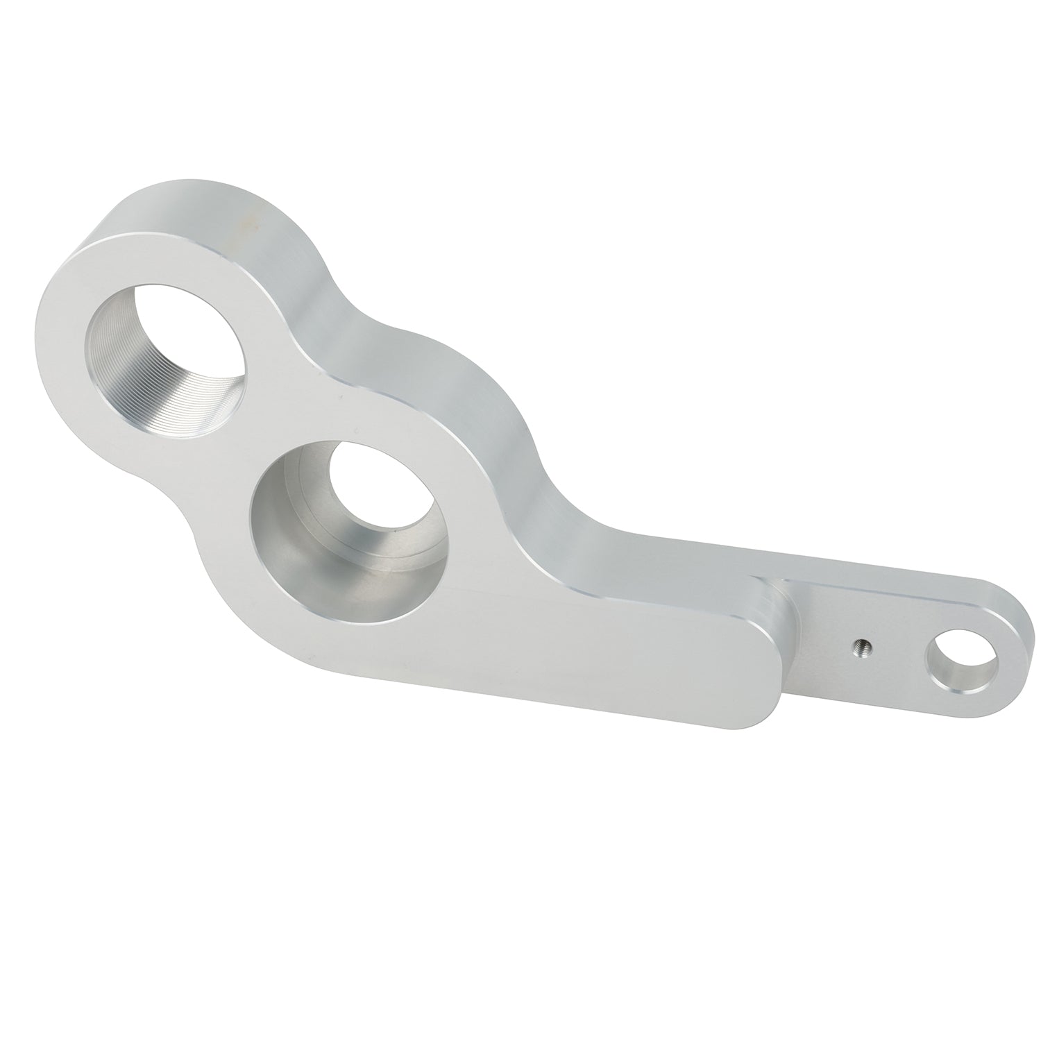 Grey machined swing arm part made of anodized aluminum on white background. 