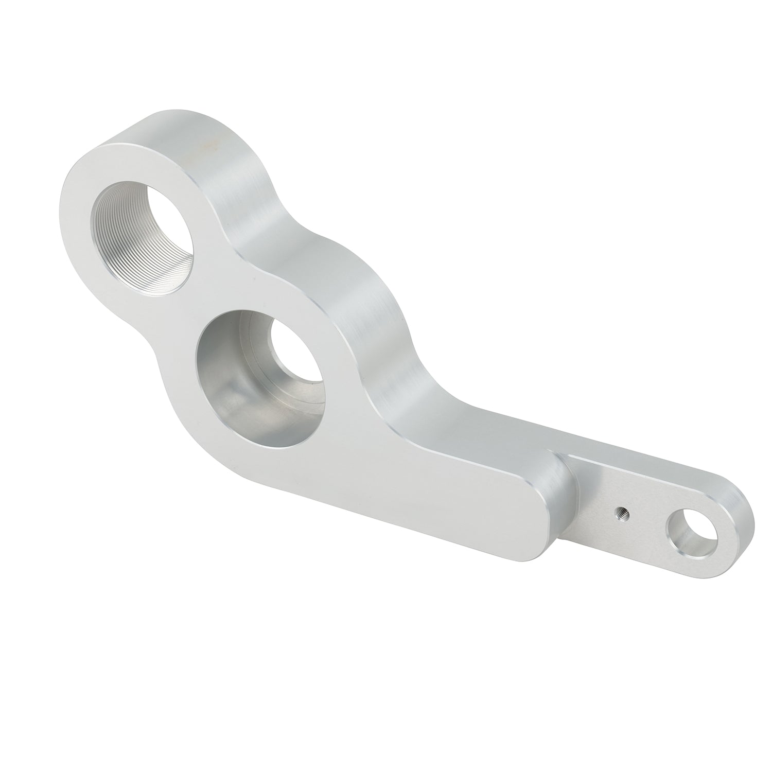 Grey machined swing arm part made of anodized aluminum on white background. 