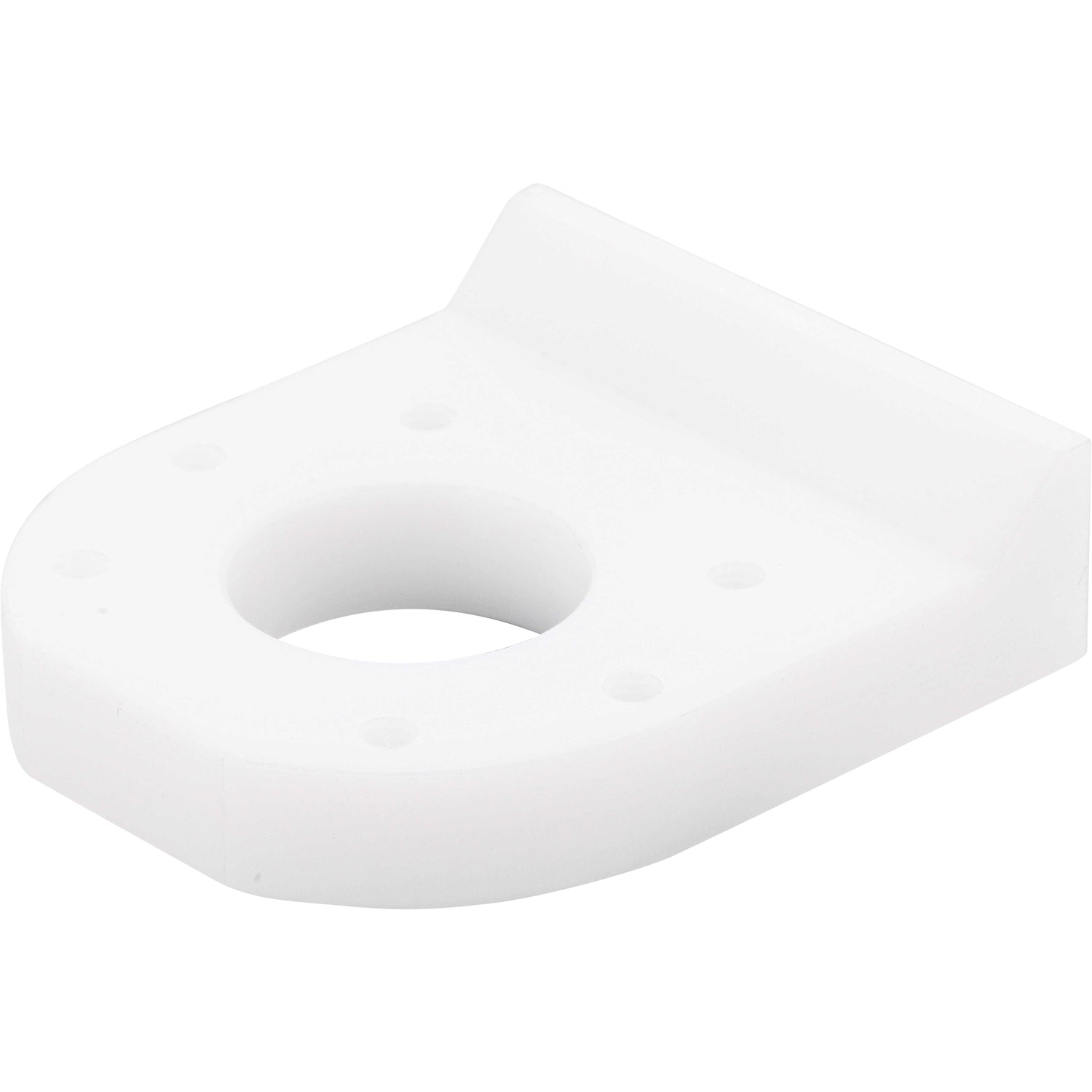 White machined plastic wedge part with  four small mounting holes and one larger center hole. Part shown on white background. 