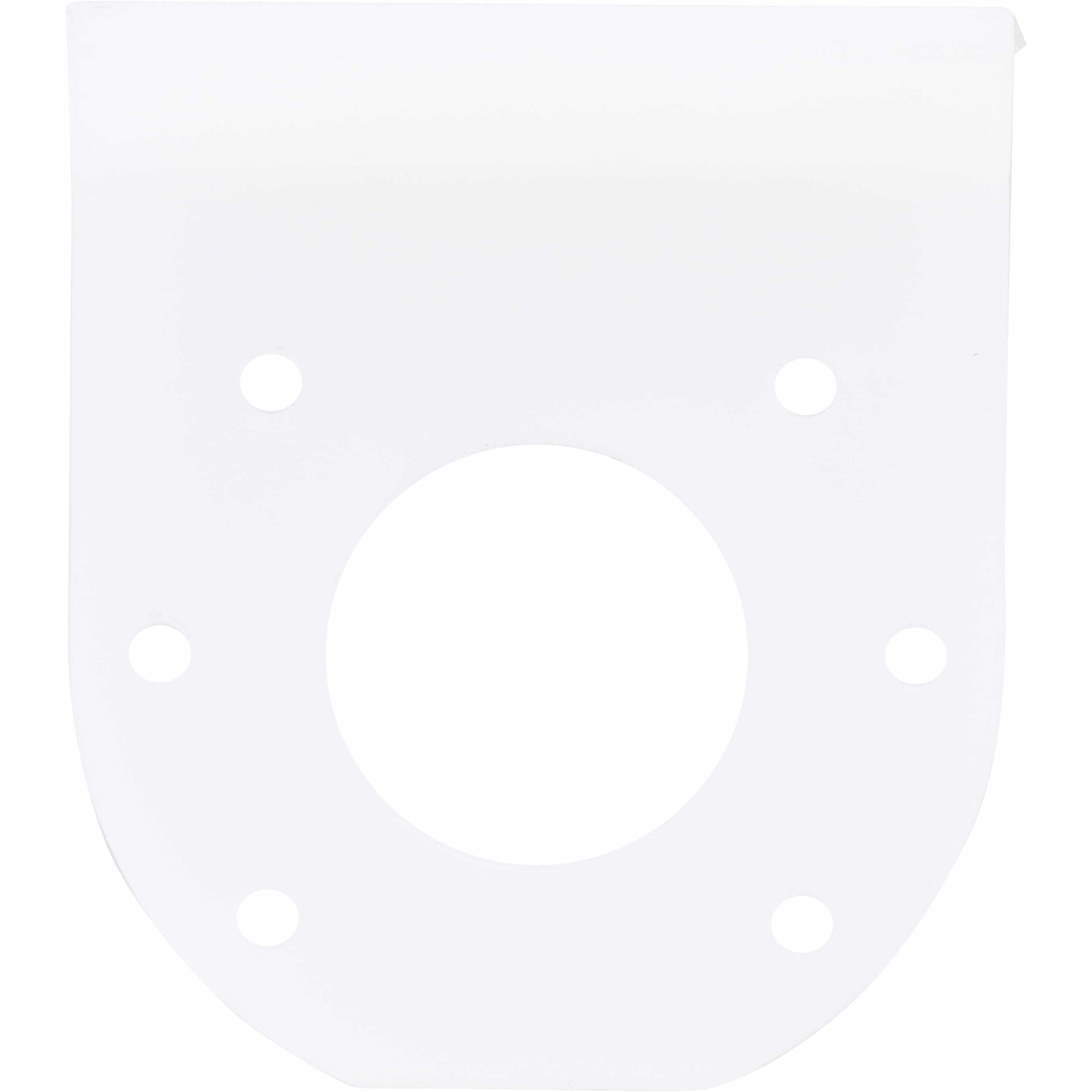 White machined plastic wedge part with four small mounting holes and one larger center hole. Part shown on white background.