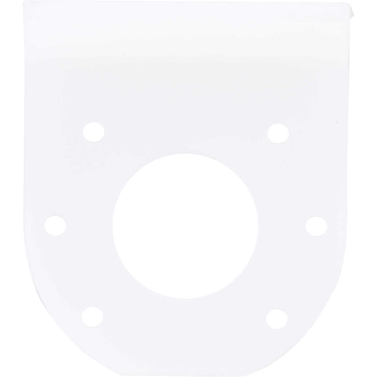 White machined plastic wedge part with four small mounting holes and one larger center hole. Part shown on white background.