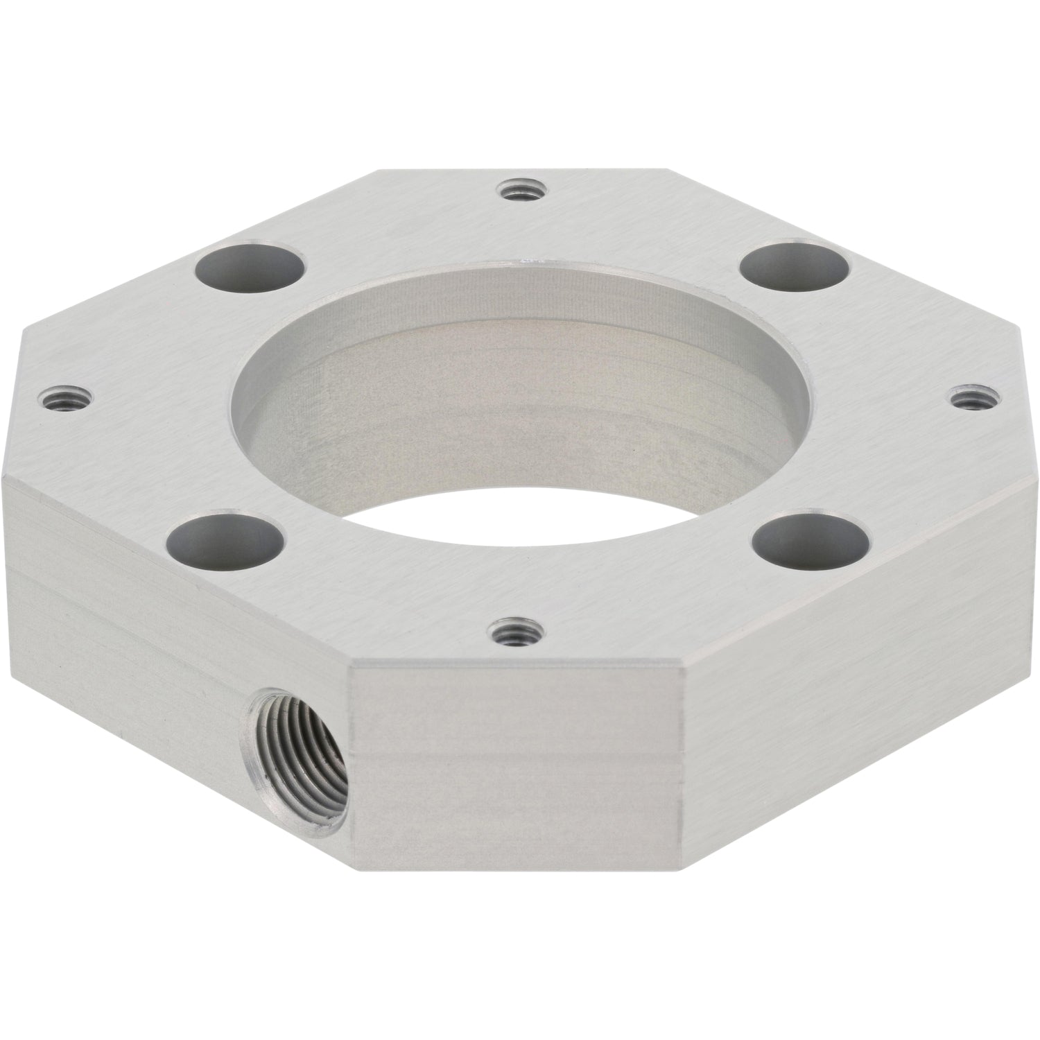 Octagonal part made of aluminum with a large center hole, four smaller through-holes and four even smaller threaded holes on the top surface. The part is on a white background.