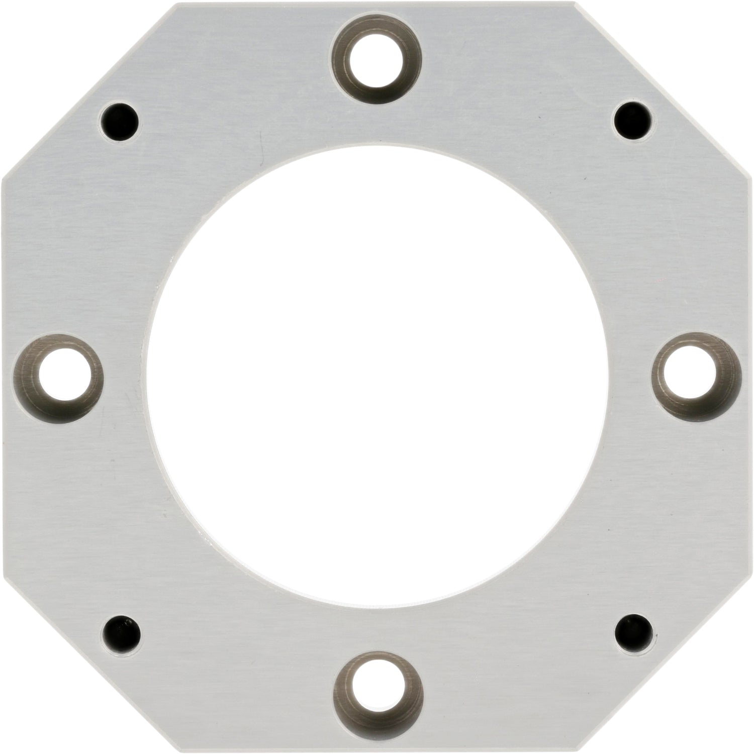 Octagonal part made of aluminum with a large center hole, four smaller through-holes and four even smaller threaded holes on the top surface. The part is on a white background.