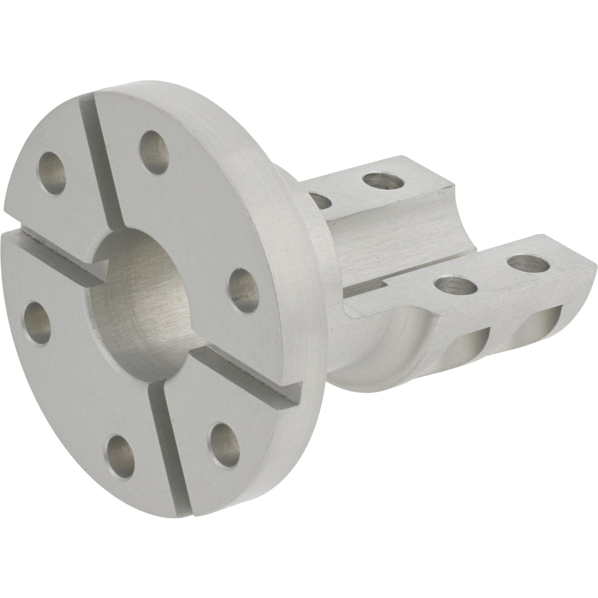 Machined aluminum spindle part with multiple threaded mounting holes on white background. 
