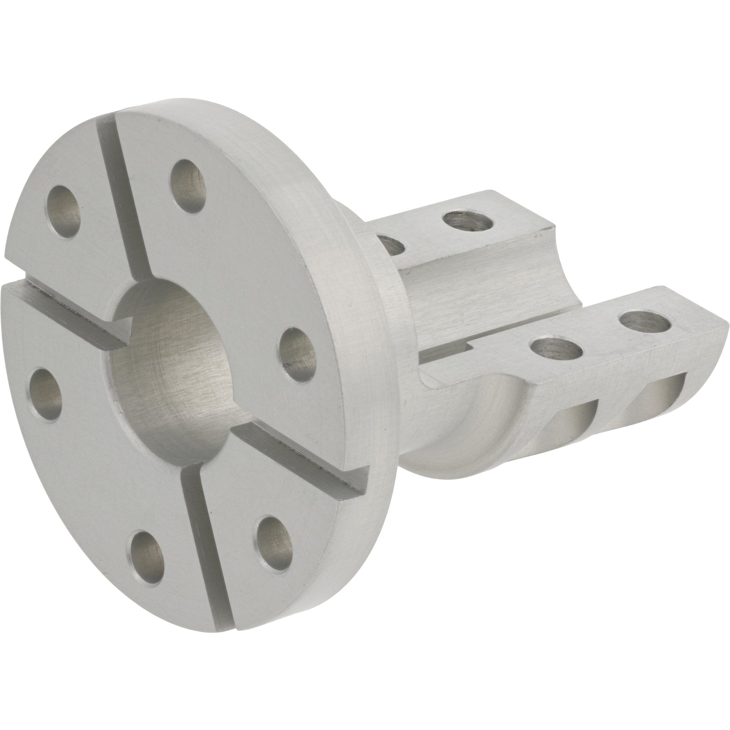 Machined aluminum spindle part with multiple threaded mounting holes on white background. 