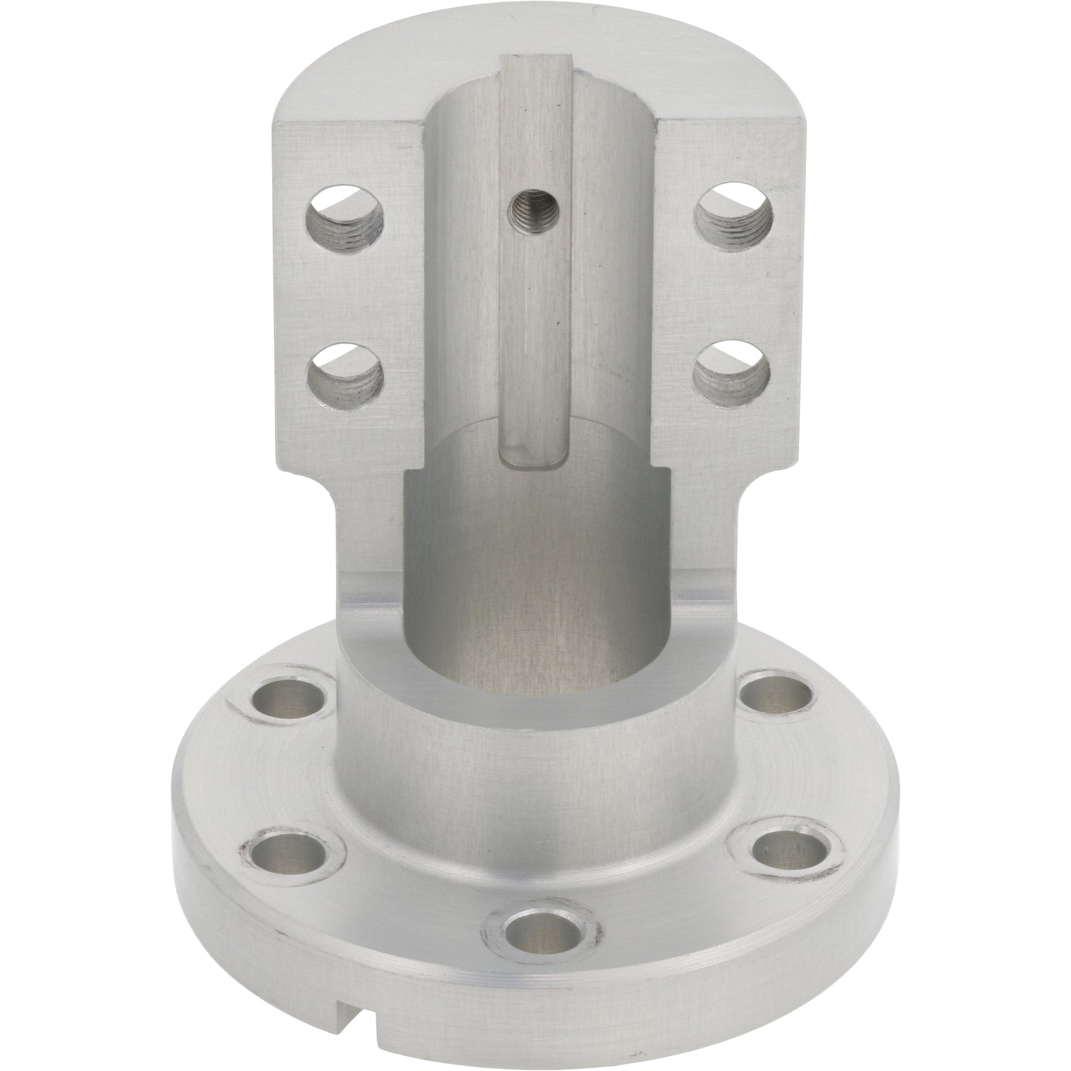Machined aluminum spindle part with multiple threaded mounting holes on white background. 