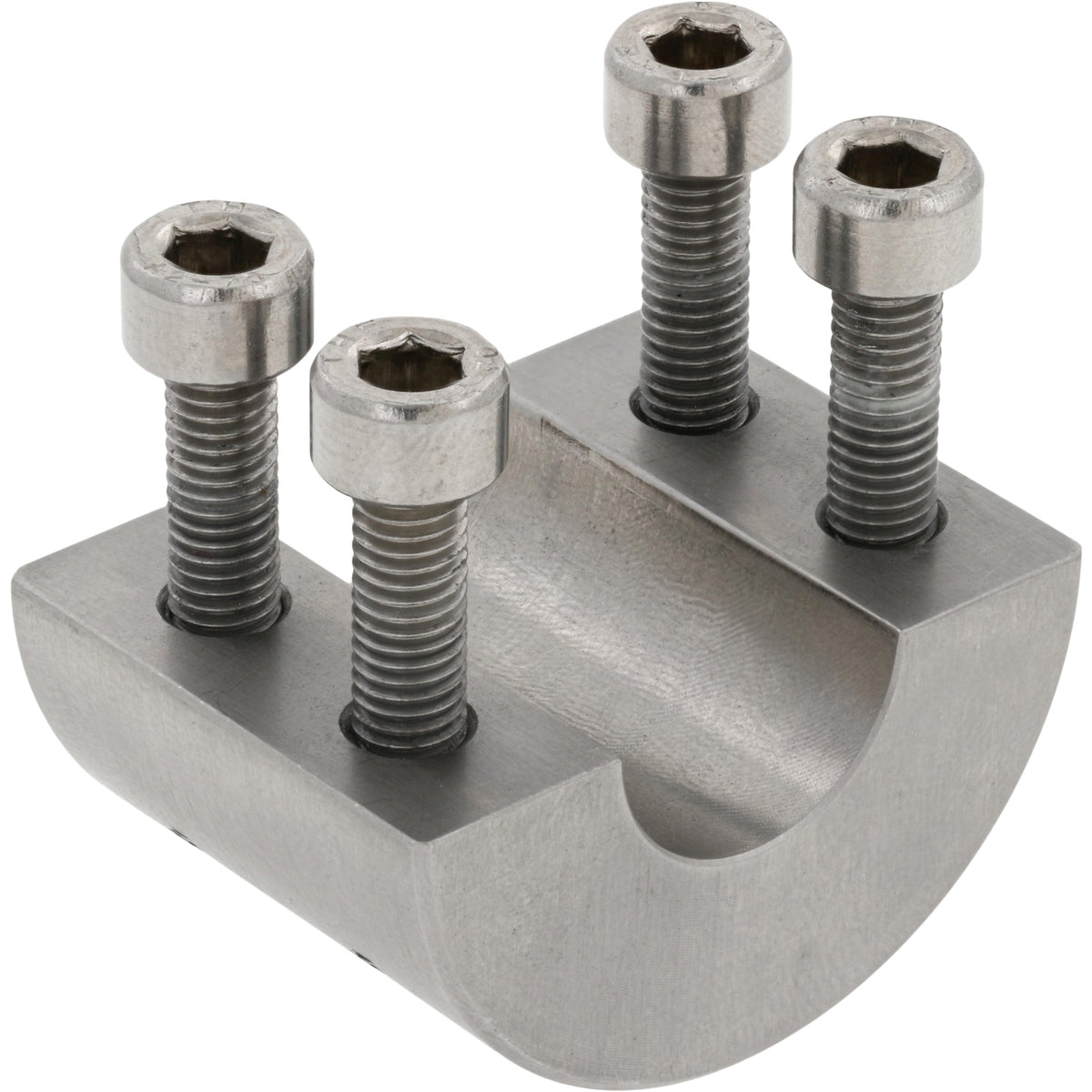 Stainless steel half cylindrical part with four socket head screws threaded into part. Part shown on white background.