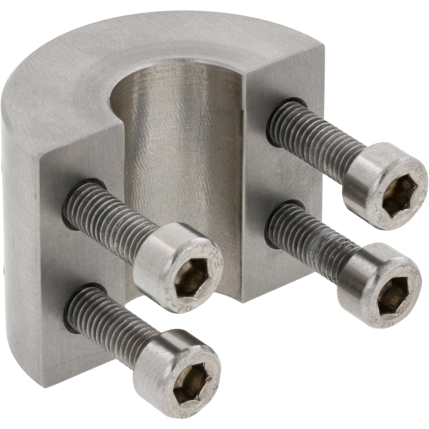 Stainless steel half cylindrical part with four socket head screws threaded into part. Part shown on white background. 