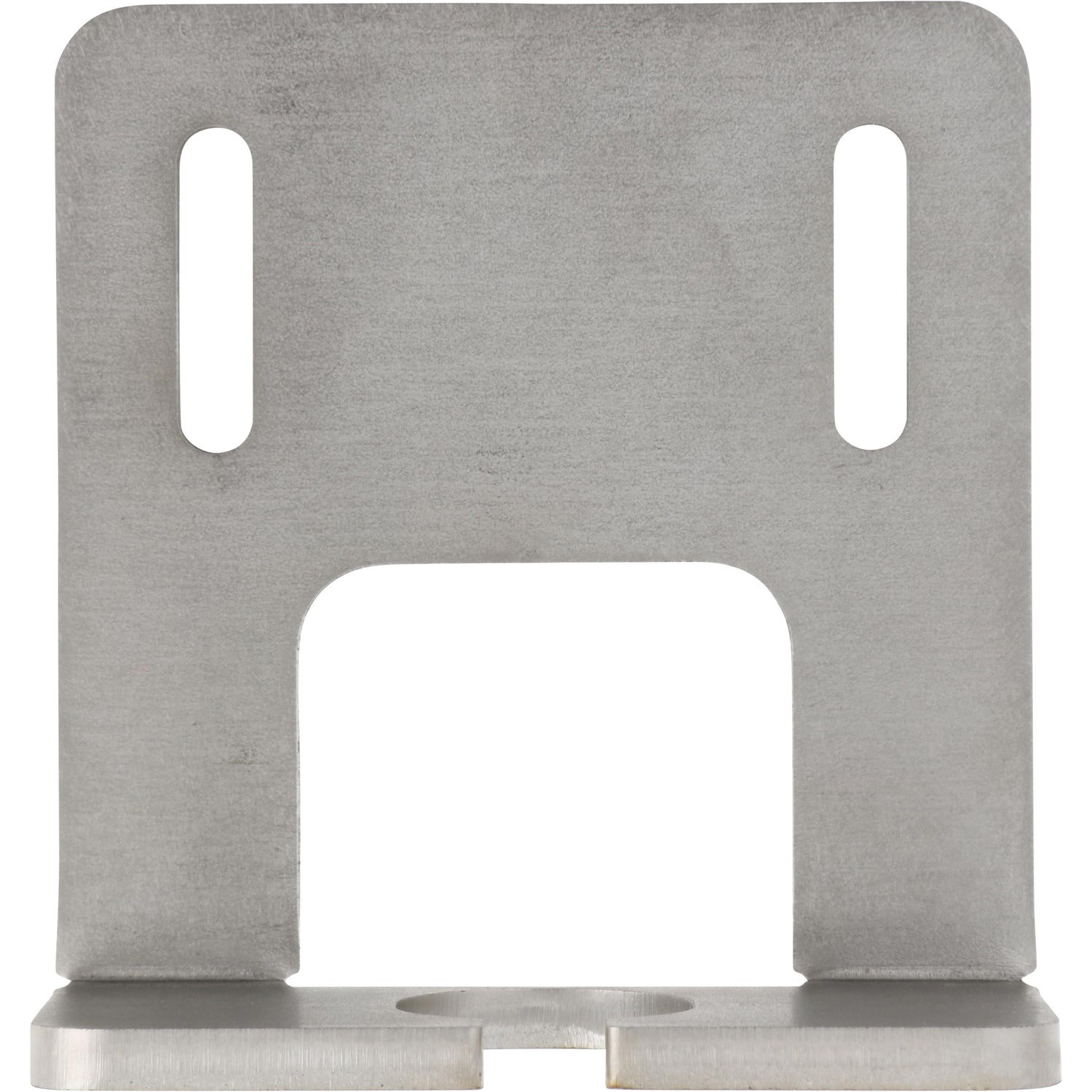 Rectangular stainless steel part with 90 degree bend. The part has multiple holes cut into it and is shown on a white background. 
