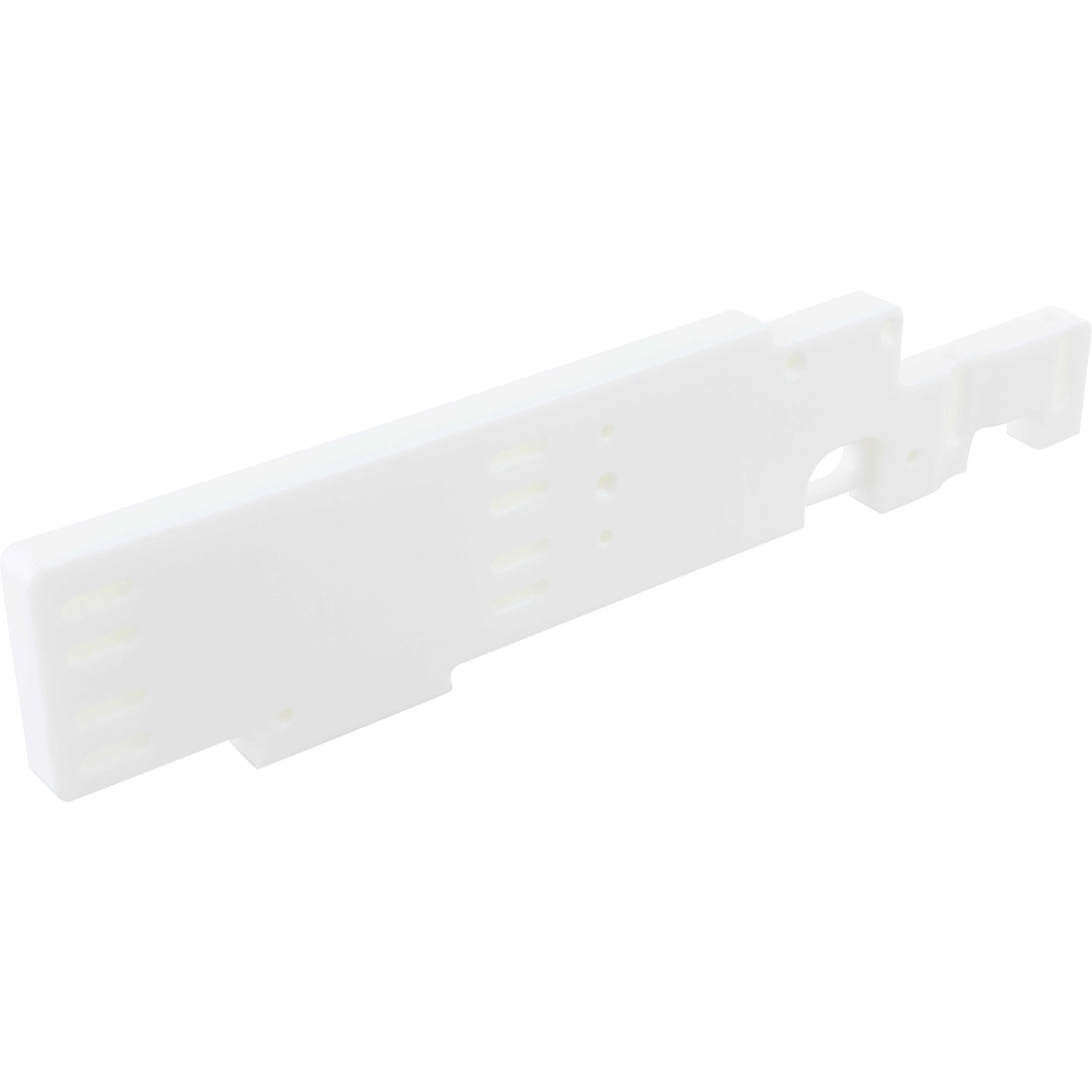 Rectangular, white machined plastic part with multiple mounting holes on white background. 