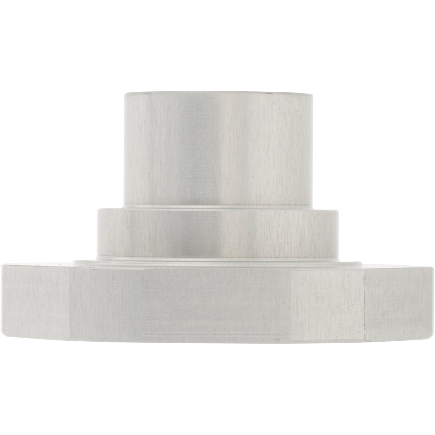 Grey hard anodized aluminum part with flat base and two differently sized cylinders stacked on top. Shown on white background.