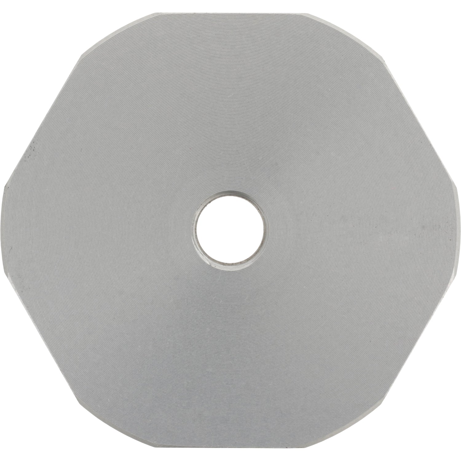 Grey hard anodized aluminum decagonal part with center through hole shown on white background.