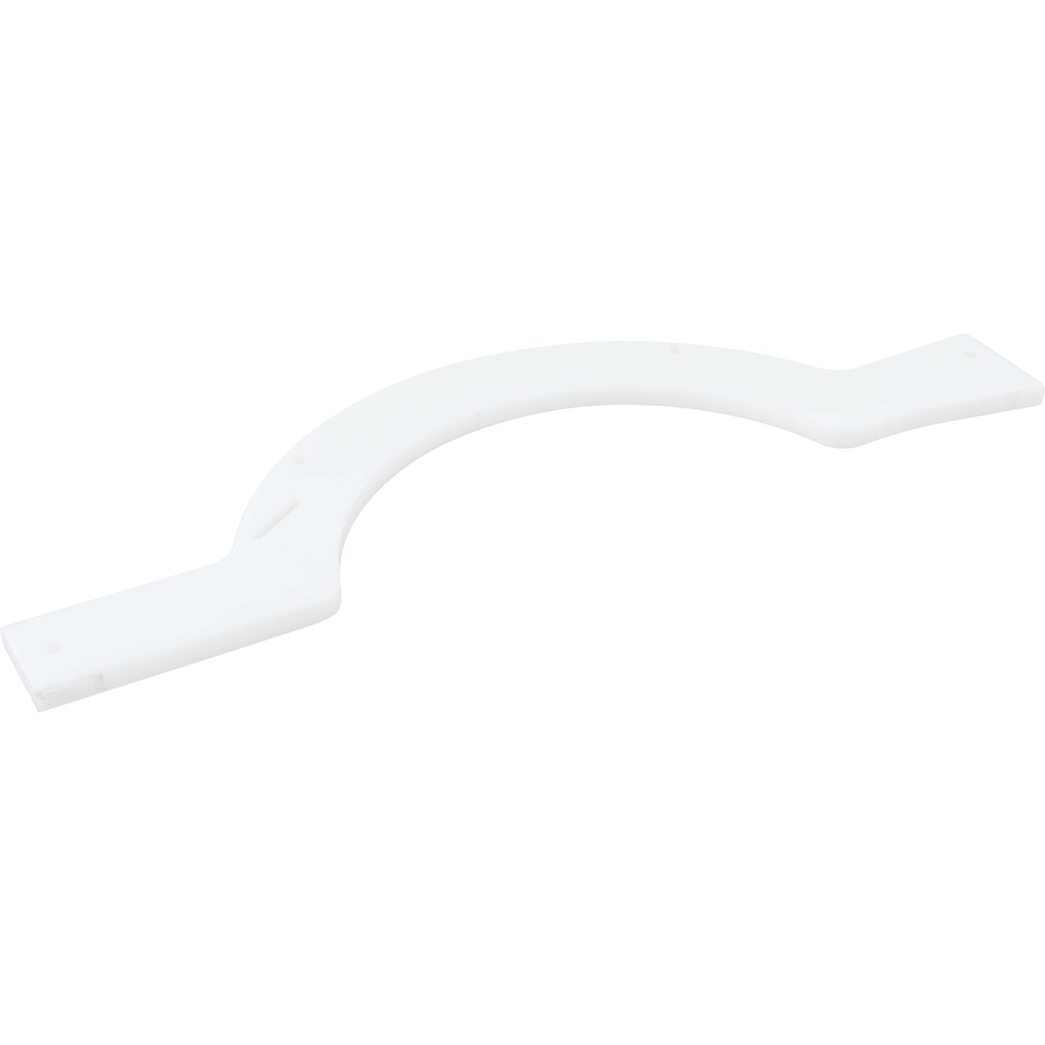 White, flat, curved rail made of HDPE with through holes on white background.