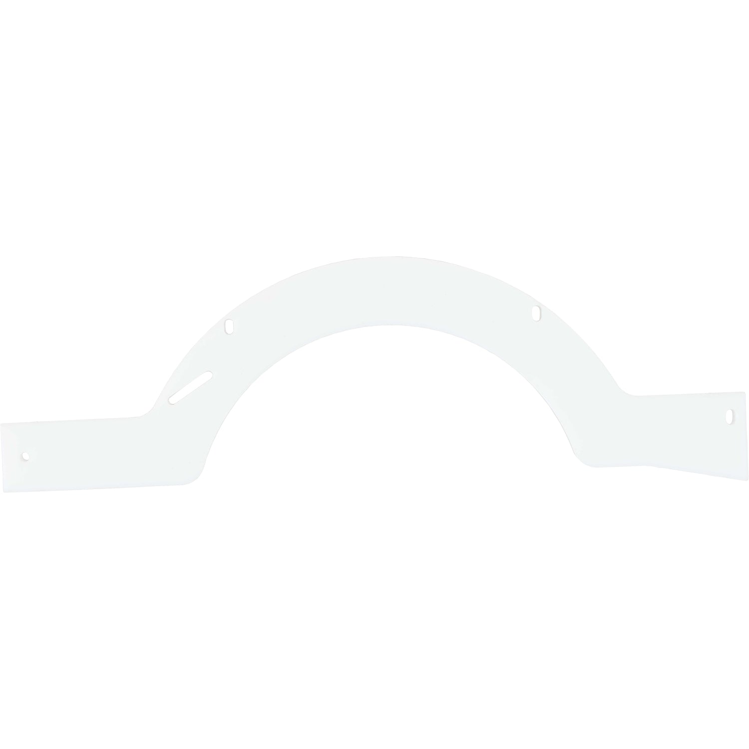 White, flat, curved rail made of HDPE with through holes on white background.