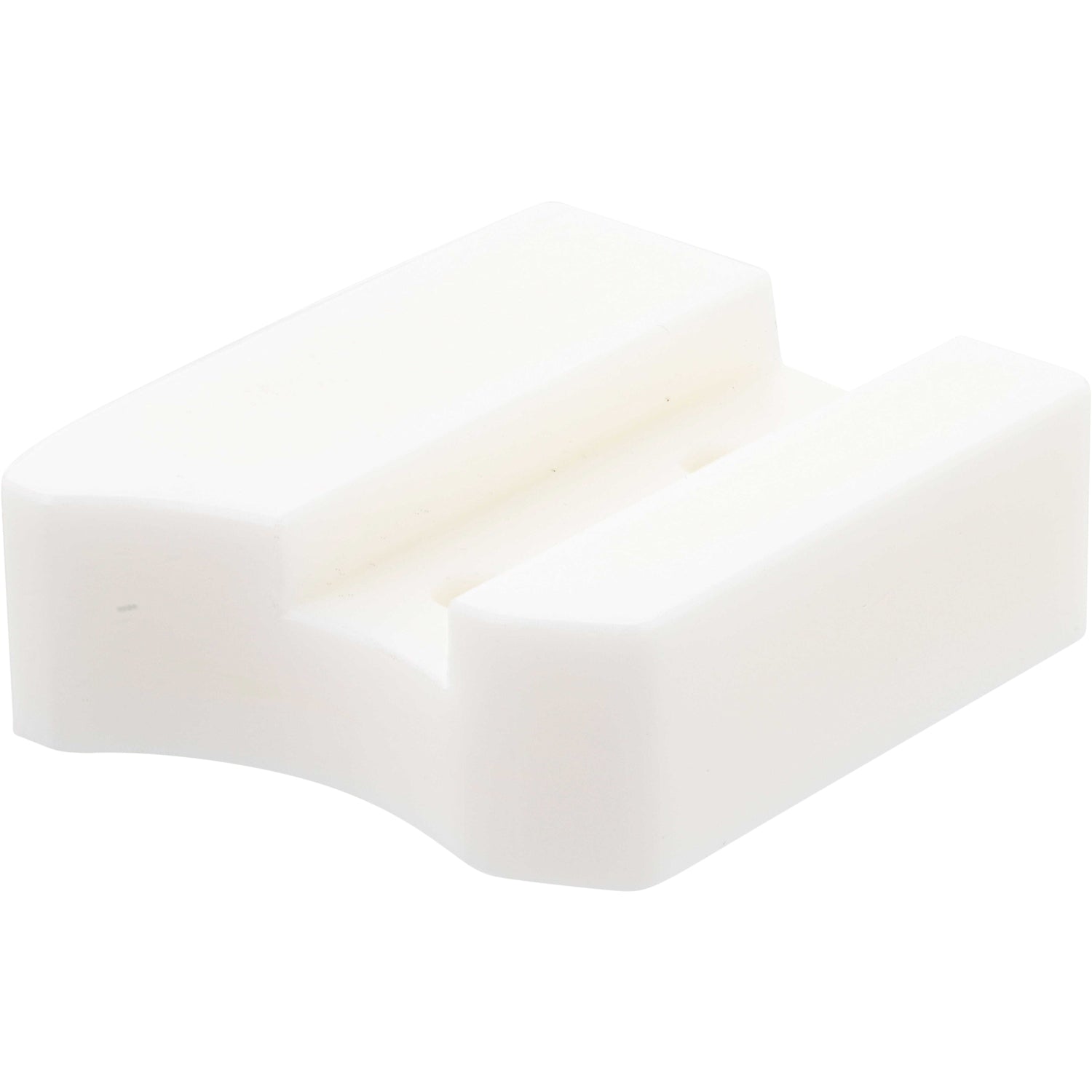 White plastic block with rounded edges and two through holes shown on white background. 