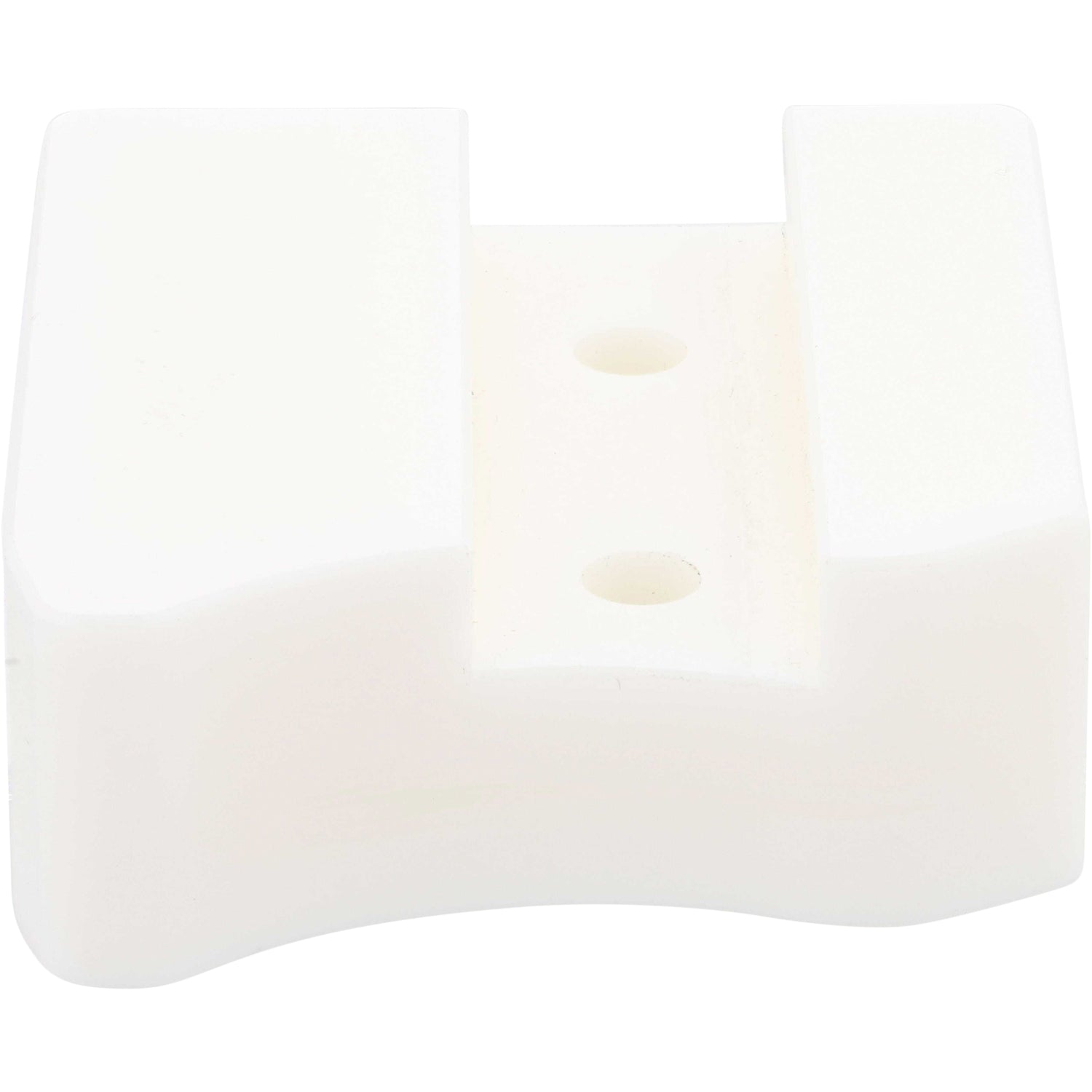 White plastic block with rounded edges and two through holes shown on white background. 