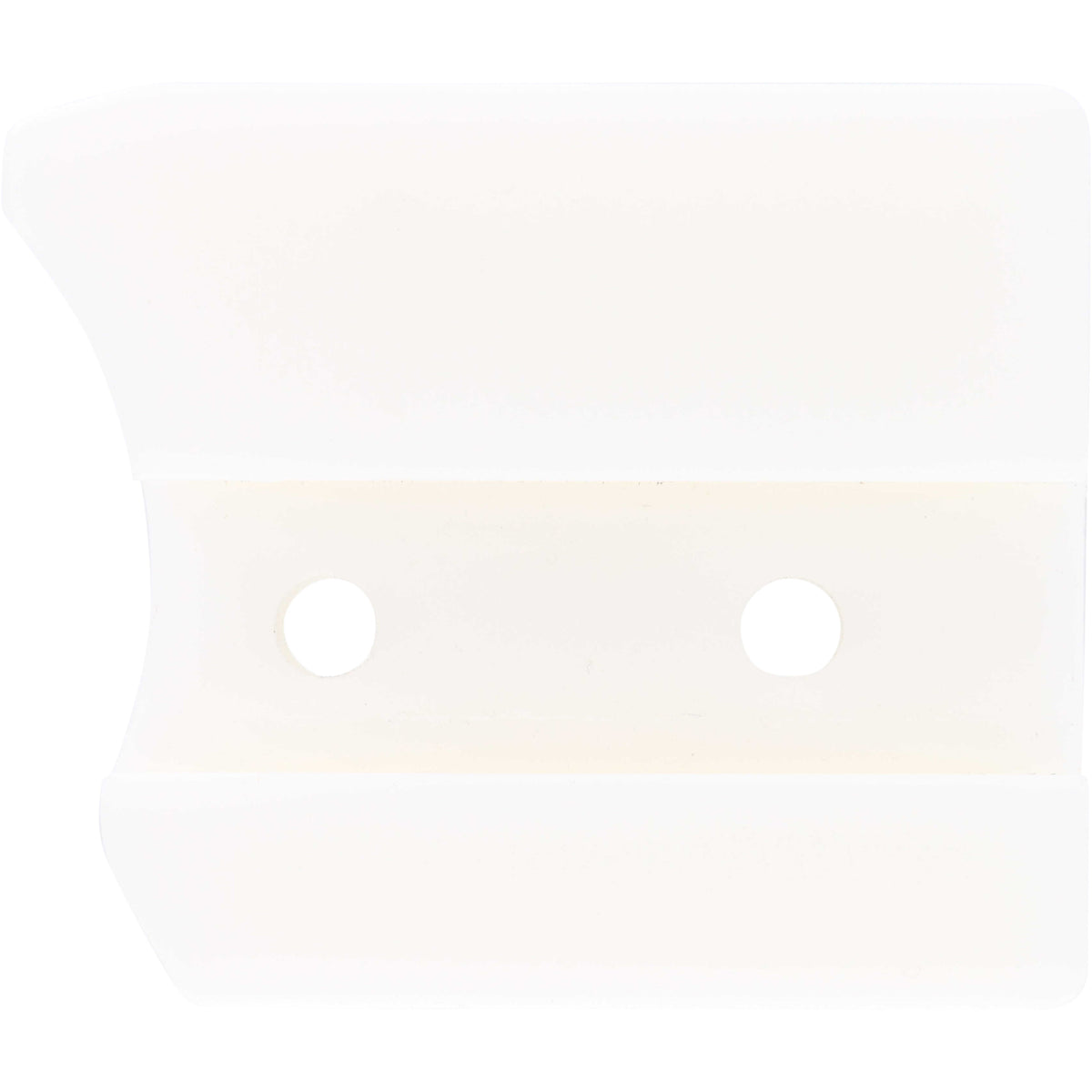 White plastic block with rounded edges and two through holes shown on white background. 